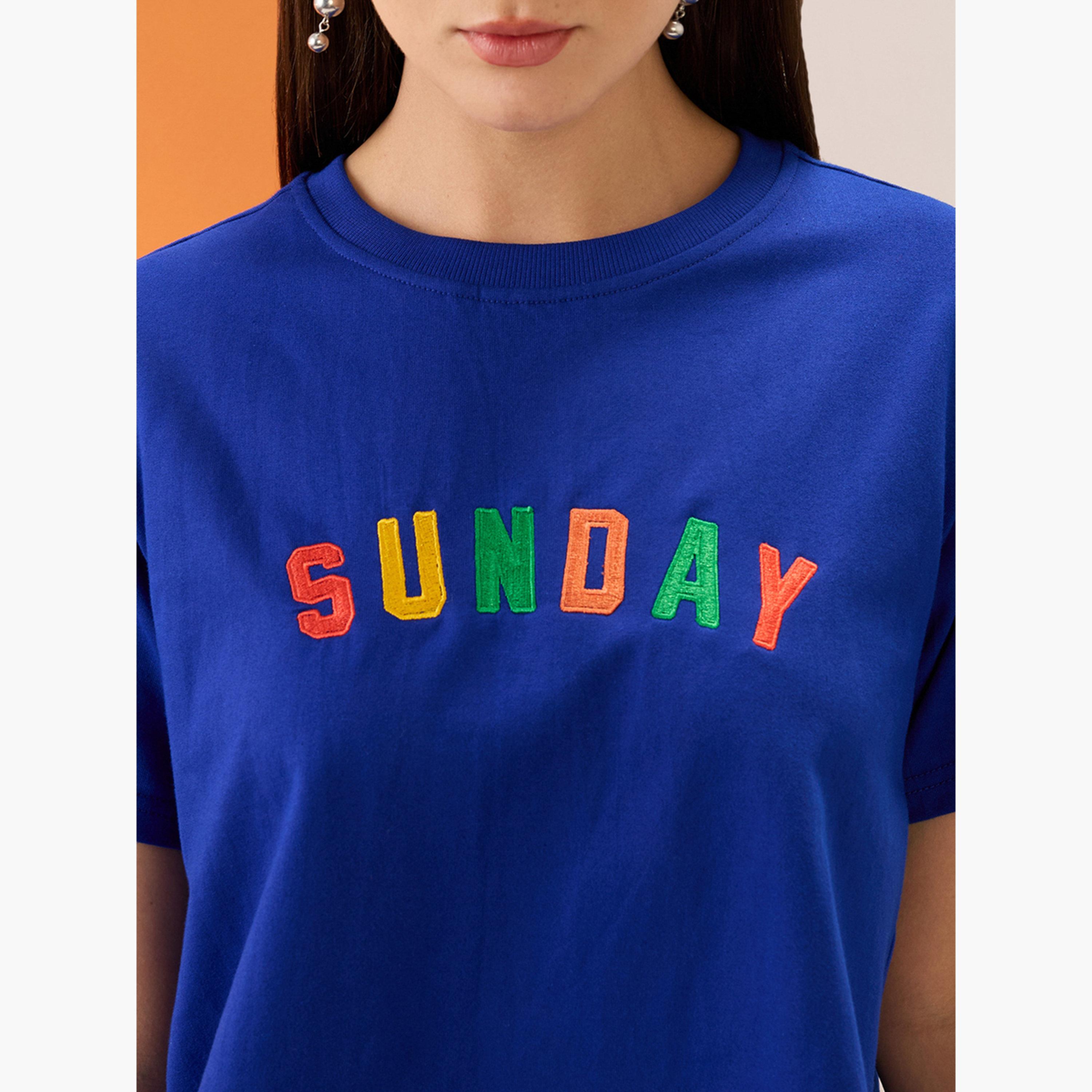 Globus X Styli Blue Embroidered Slogan Boxy Fit Crop T-Shirt-women-clothing-tshirts-image-4