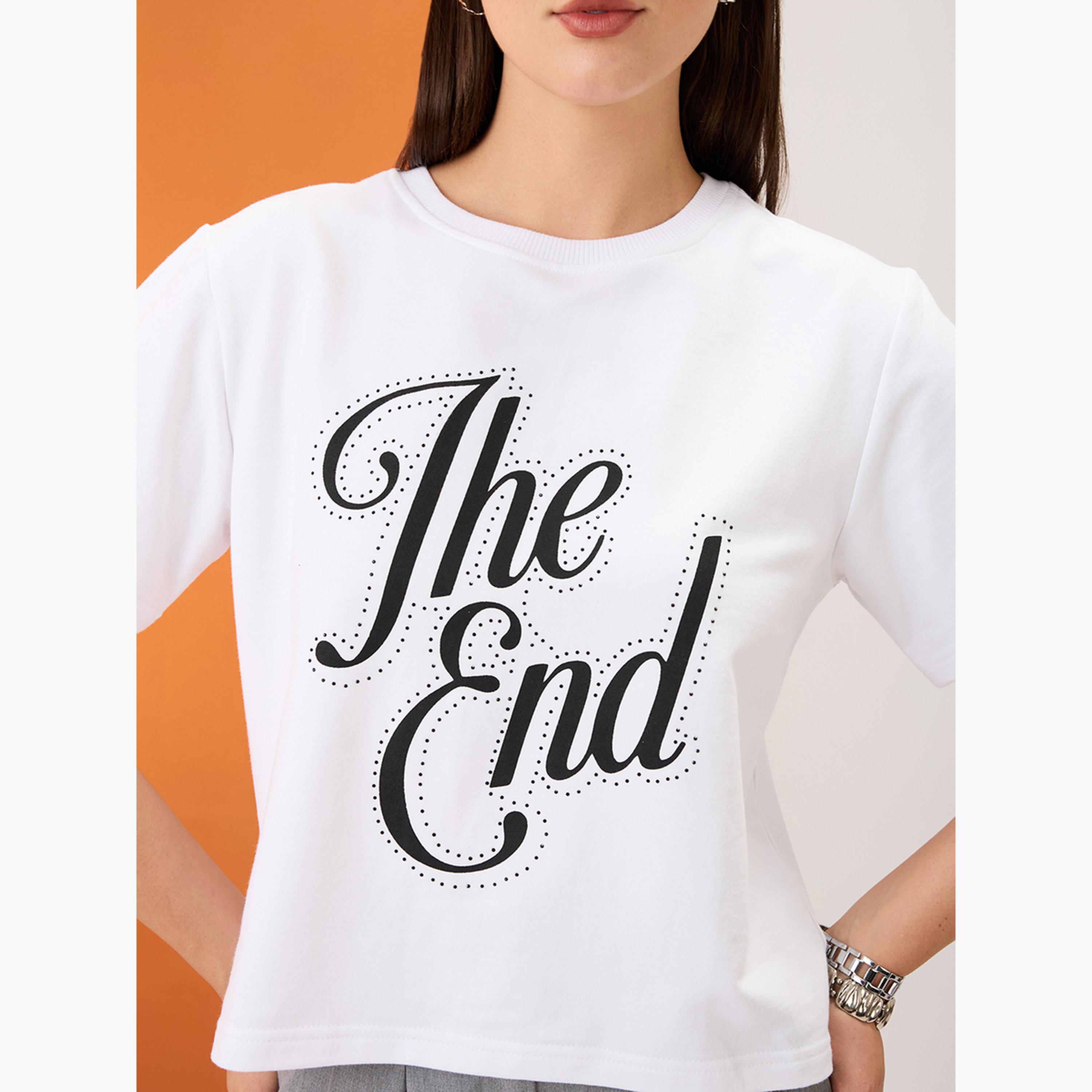 Globus X Styli Women White Slogan Print Embellished Crop T-Shirt-women-clothing-tshirts-image-4