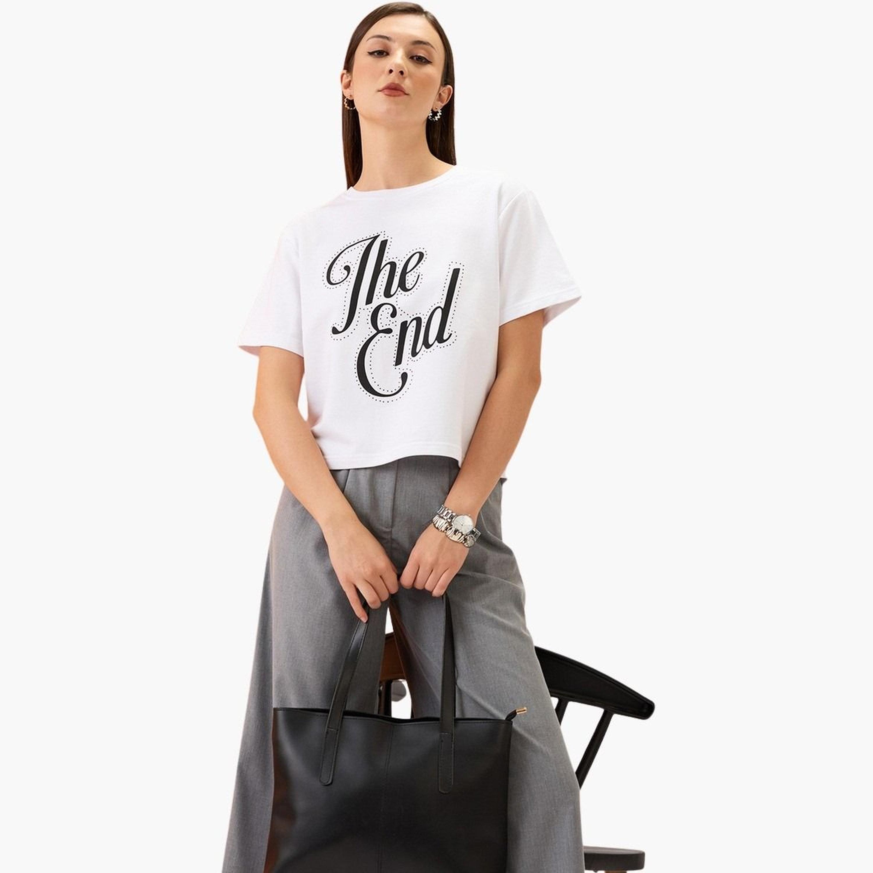 Globus X Styli Women White Slogan Print Embellished Crop T-Shirt-women-clothing-tshirts-image-5
