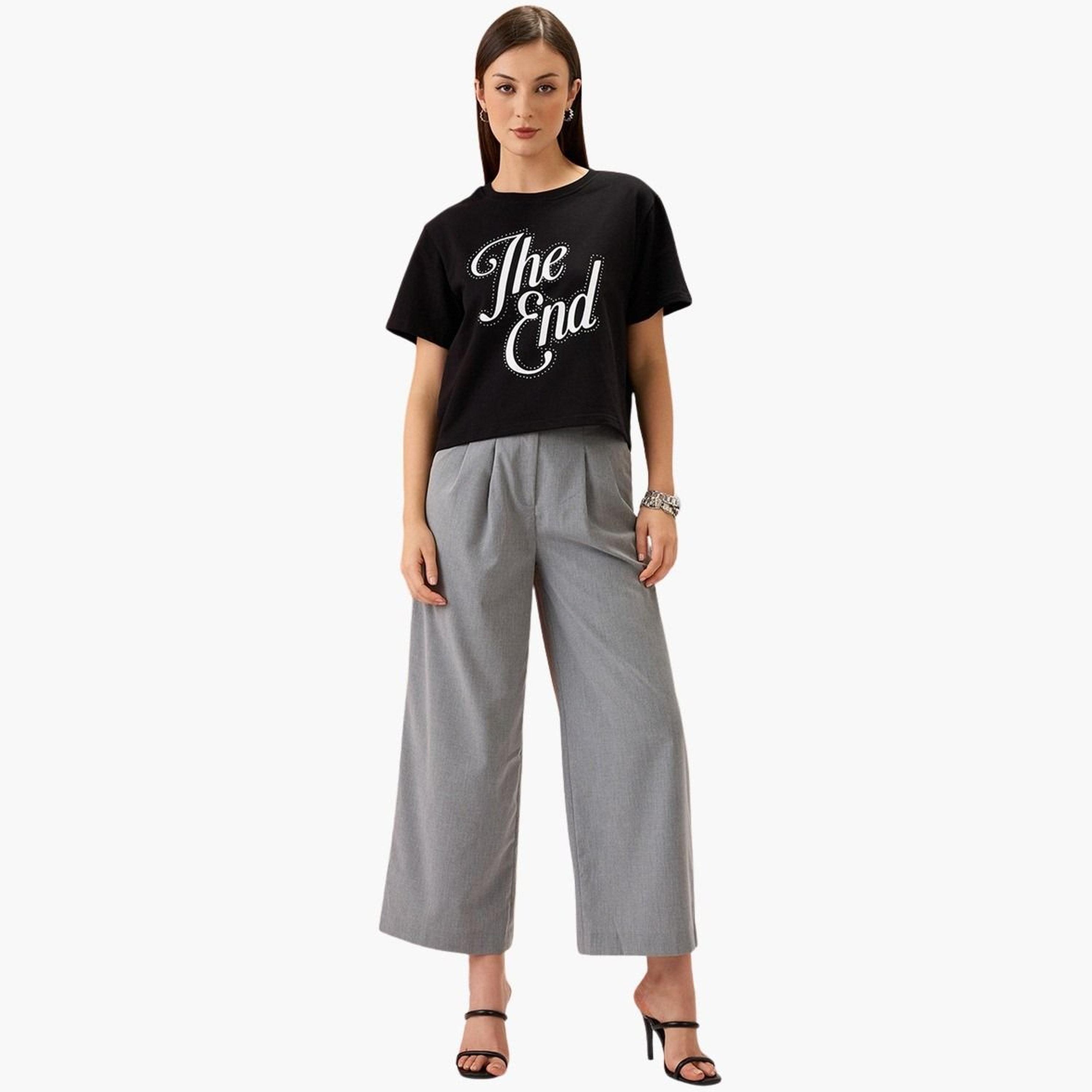 Globus X Styli Women Black Slogan Print Embellished Crop T-Shirt-women-clothing-tshirts-image-2