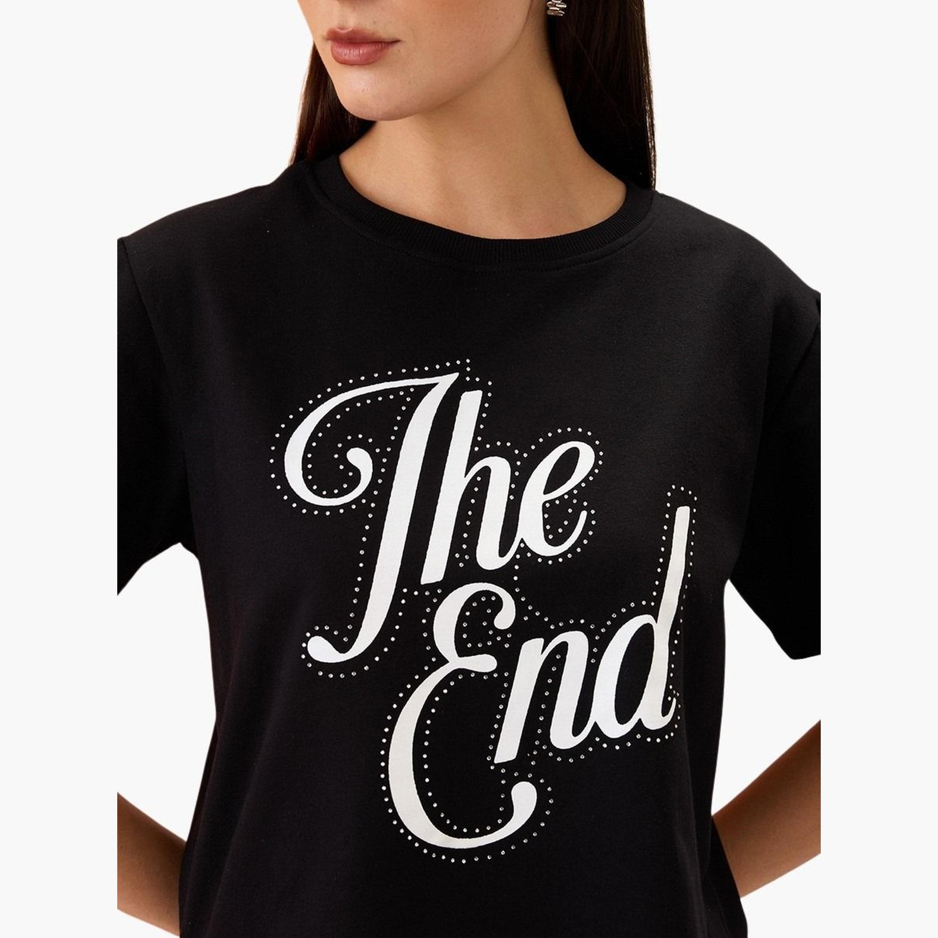 Globus X Styli Women Black Slogan Print Embellished Crop T-Shirt-women-clothing-tshirts-image-4