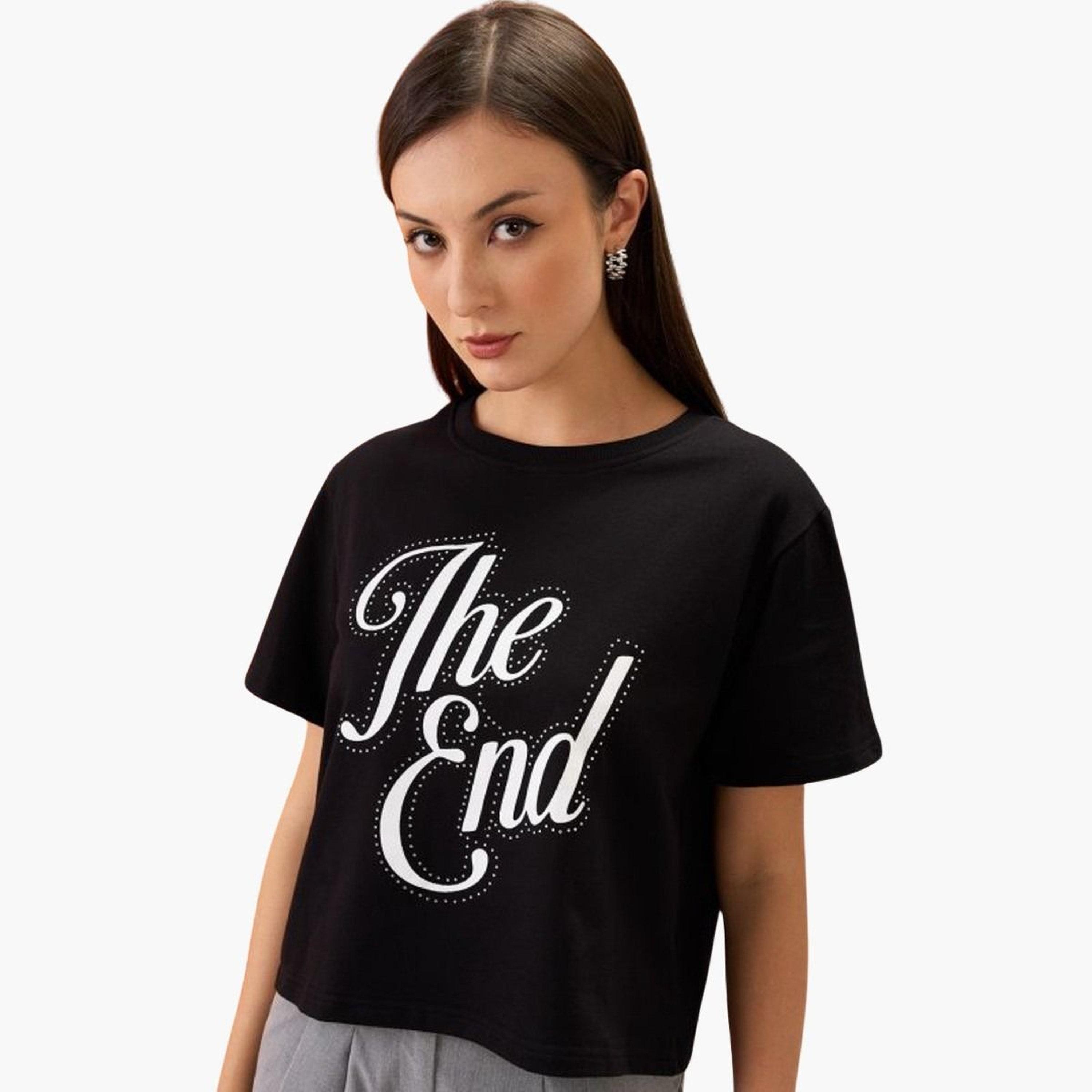 Globus X Styli Women Black Slogan Print Embellished Crop T-Shirt-women-clothing-tshirts-image-6