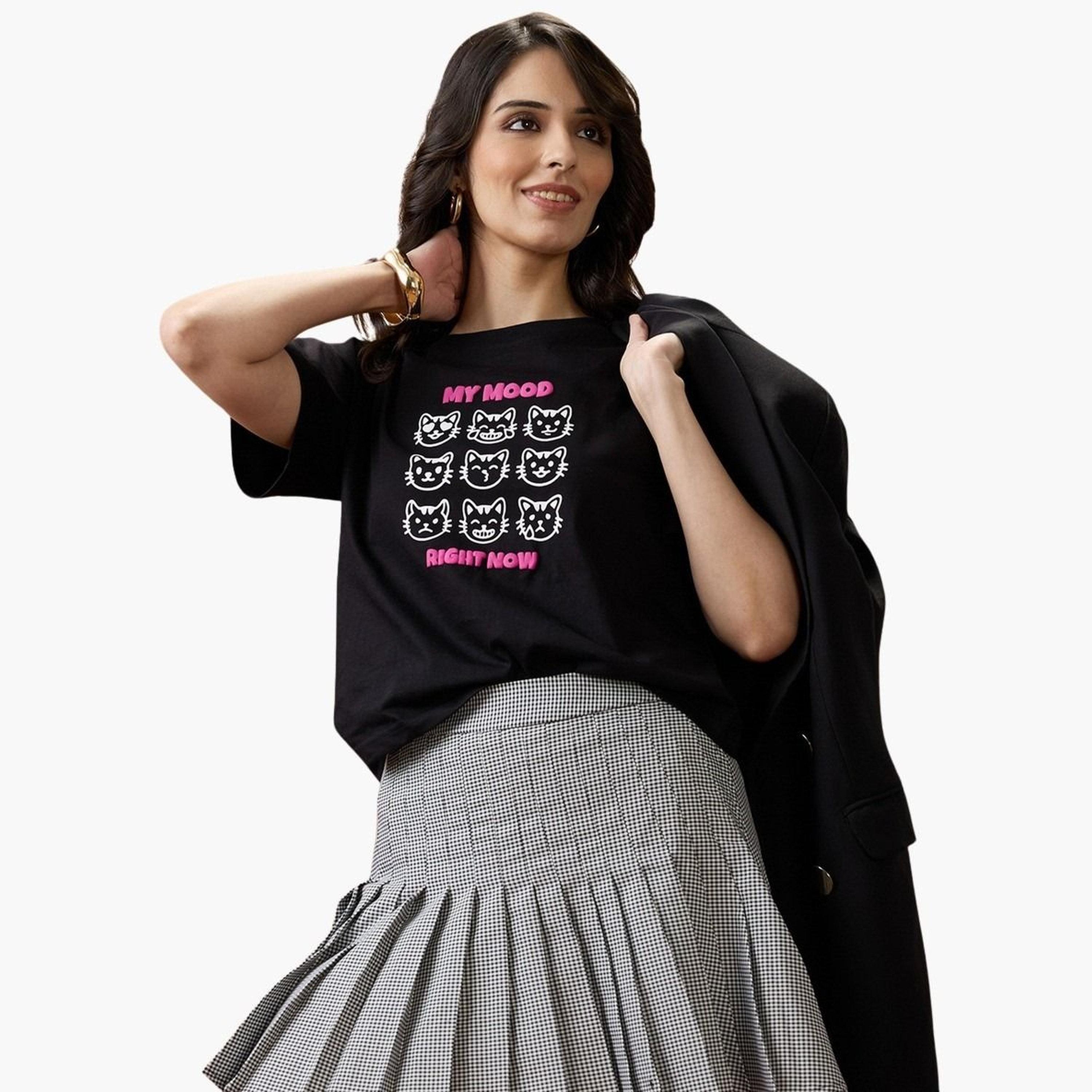 Globus X Styli Women Black Graphic Print Cotton Oversized T-Shirt-women-clothing-tshirts-image-6