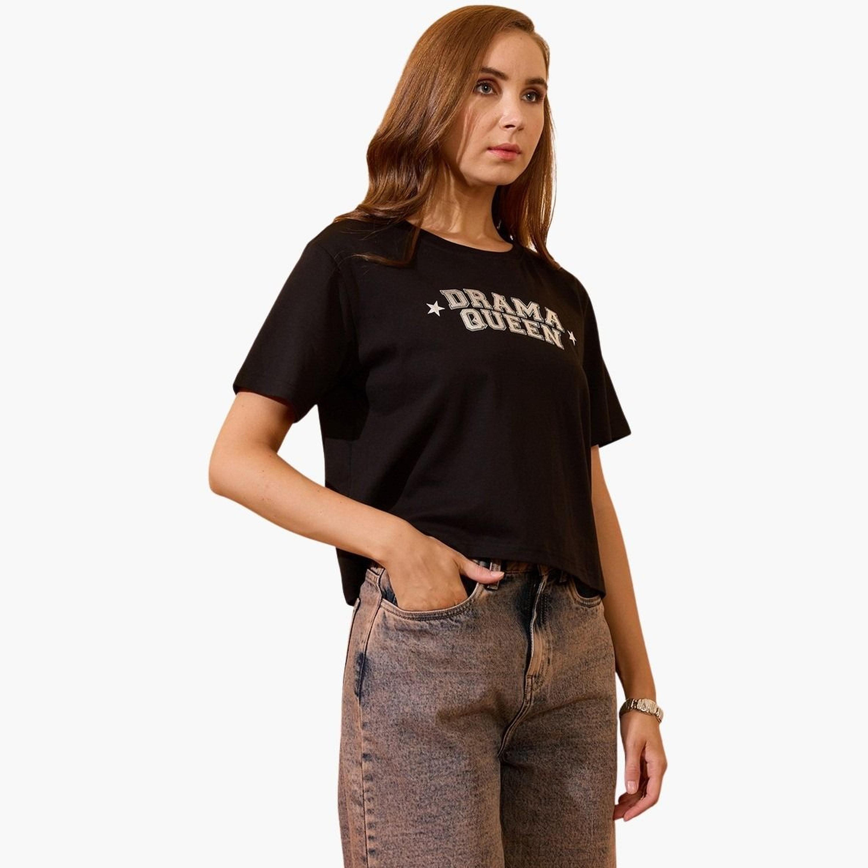 Globus X Styli Women Black Slogan Print Oversized Crop T-Shirt-women-clothing-tshirts-image-1