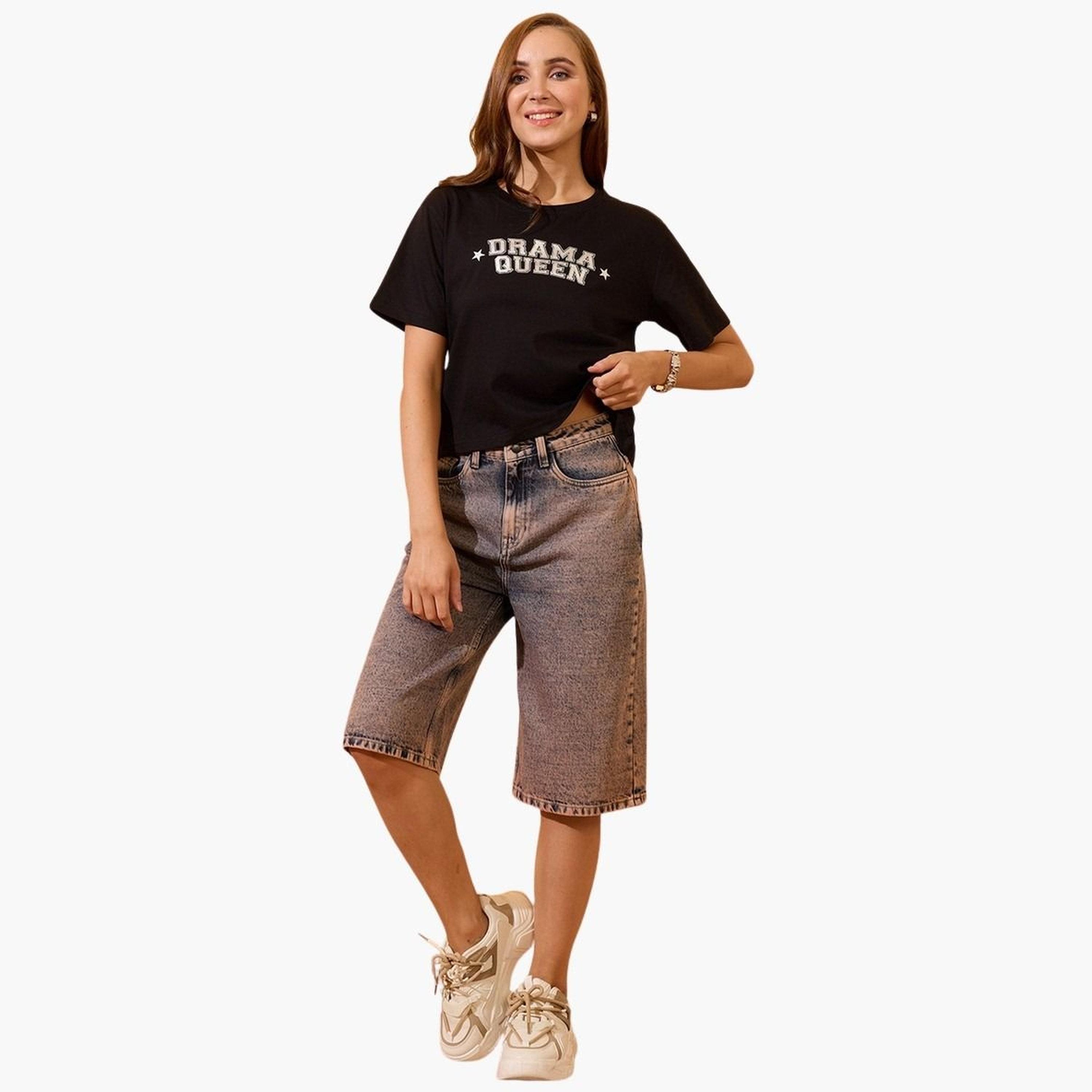 Globus X Styli Women Black Slogan Print Oversized Crop T-Shirt-women-clothing-tshirts-image-2