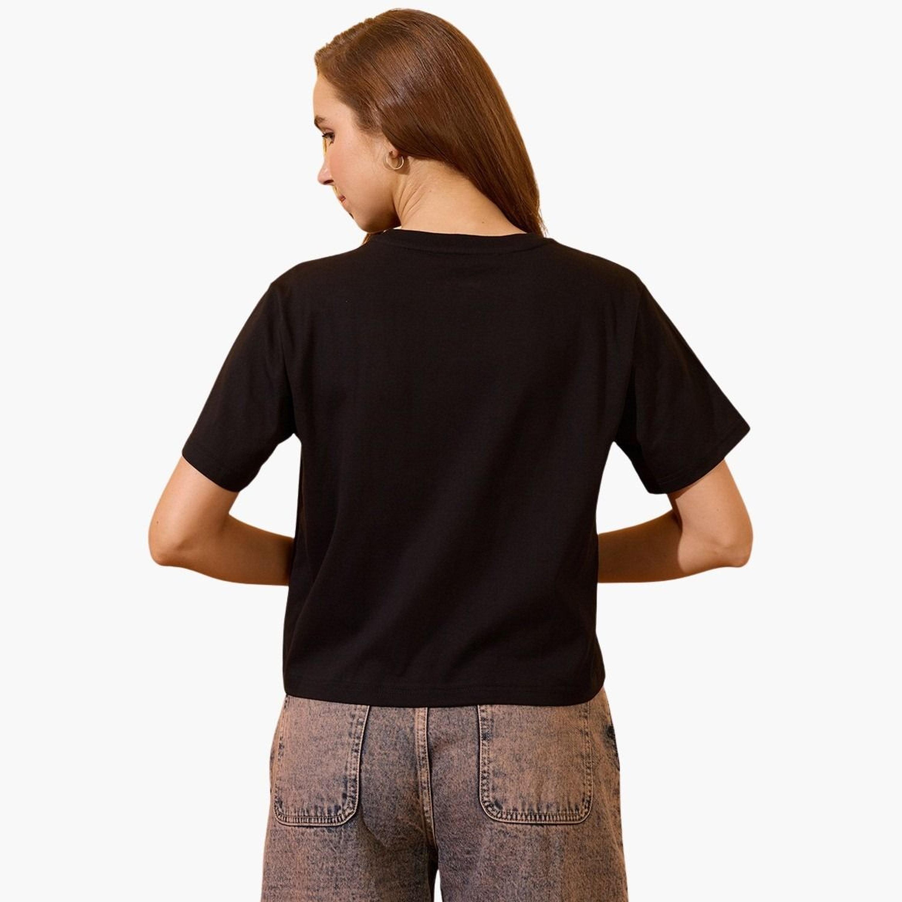 Globus X Styli Women Black Slogan Print Oversized Crop T-Shirt-women-clothing-tshirts-image-3
