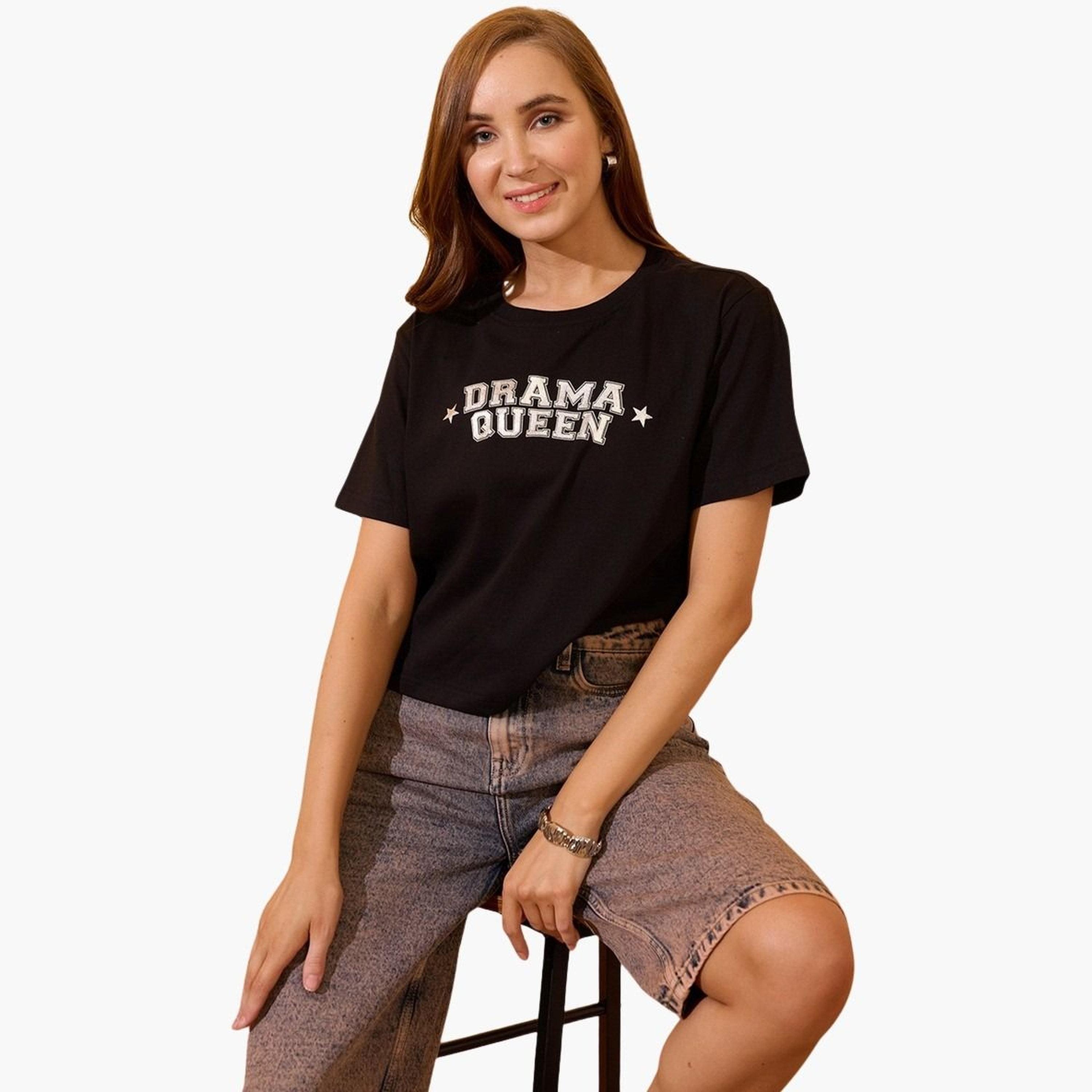 Globus X Styli Women Black Slogan Print Oversized Crop T-Shirt-women-clothing-tshirts-image-5