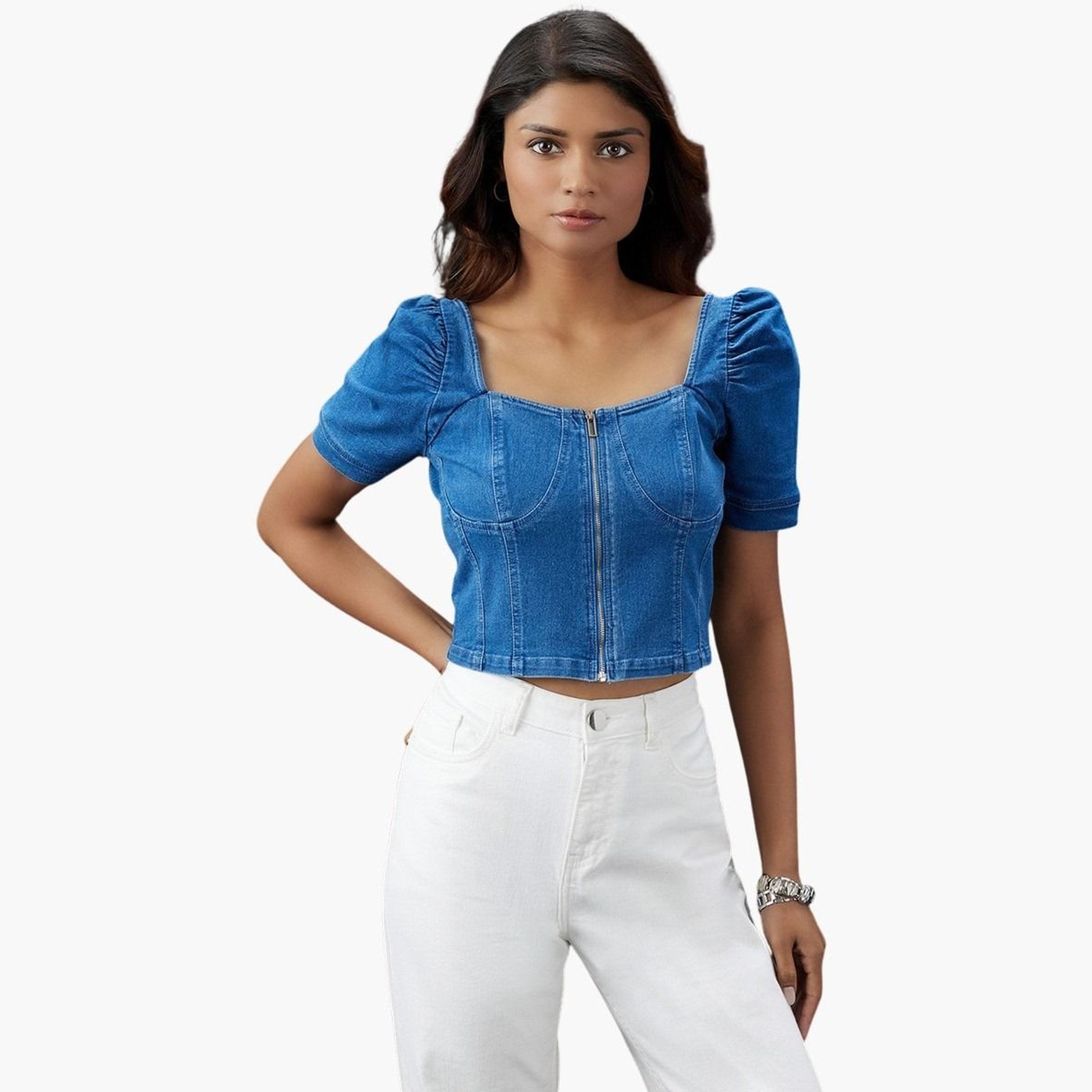 غلوبوس × ستايلي - بلوزة جينز بأكمام منتفخة باللون الأزرق للنساء-women-clothing-tshirts-image-1