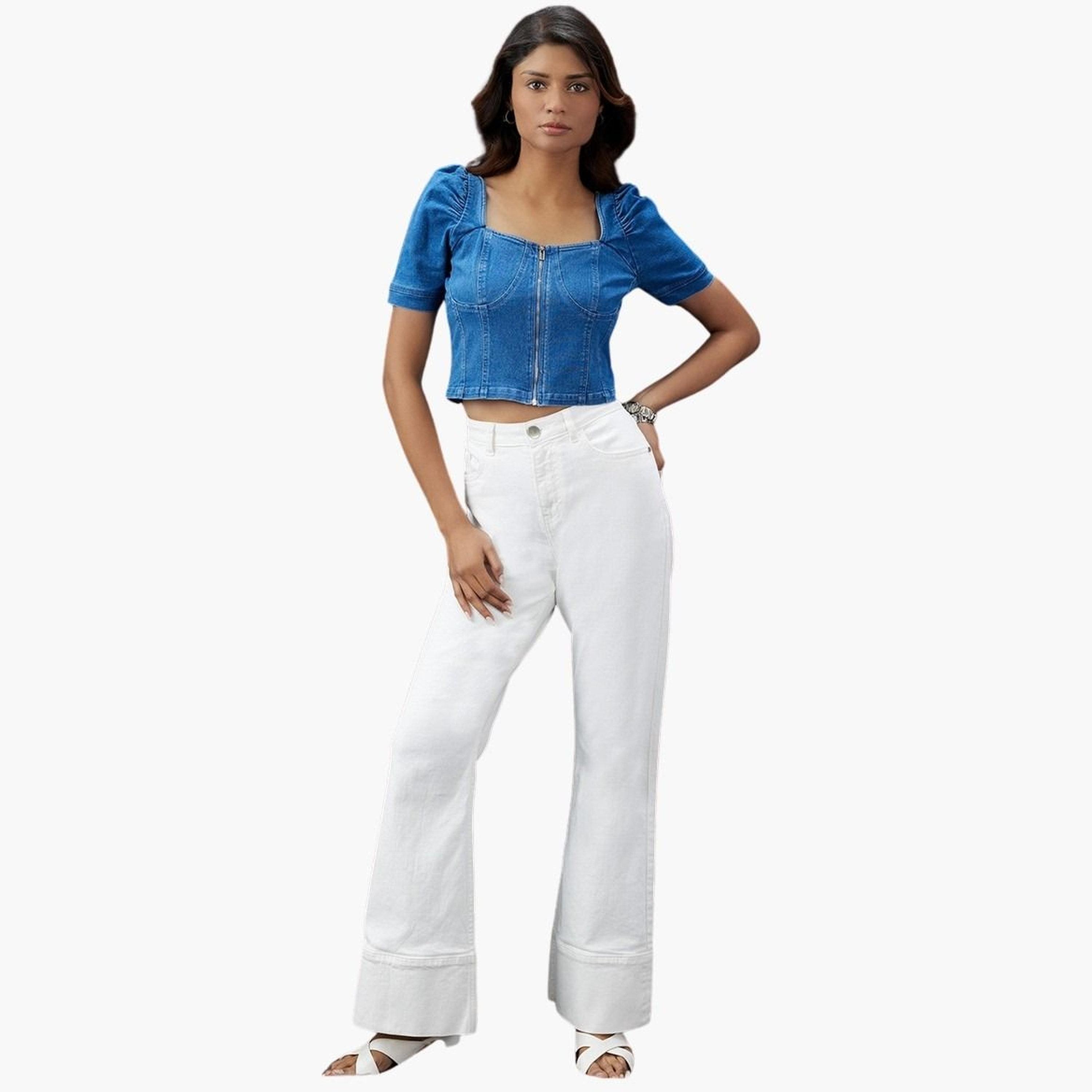 غلوبوس × ستايلي - بلوزة جينز بأكمام منتفخة باللون الأزرق للنساء-women-clothing-tshirts-image-2