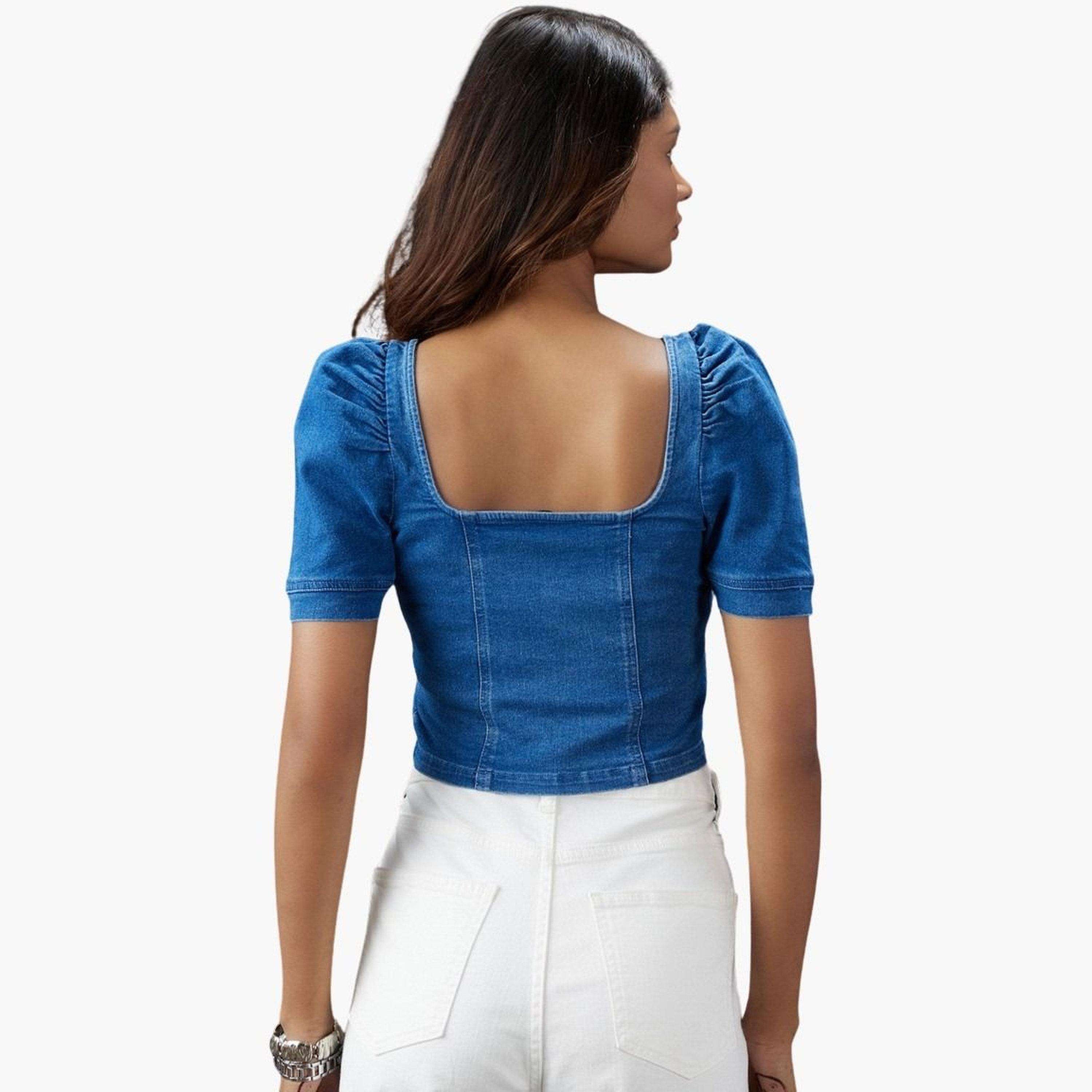 غلوبوس × ستايلي - بلوزة جينز بأكمام منتفخة باللون الأزرق للنساء-women-clothing-tshirts-image-3