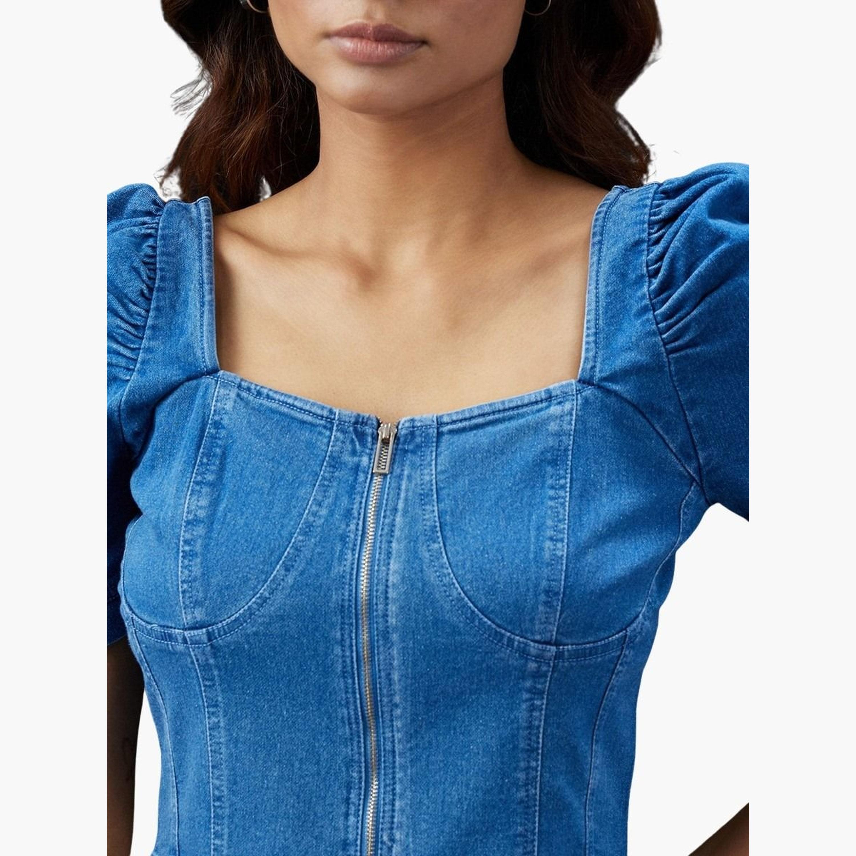 Globus X Styli Women Blue Puff Sleeves Denim Corset Top-women-clothing-tshirts-image-4