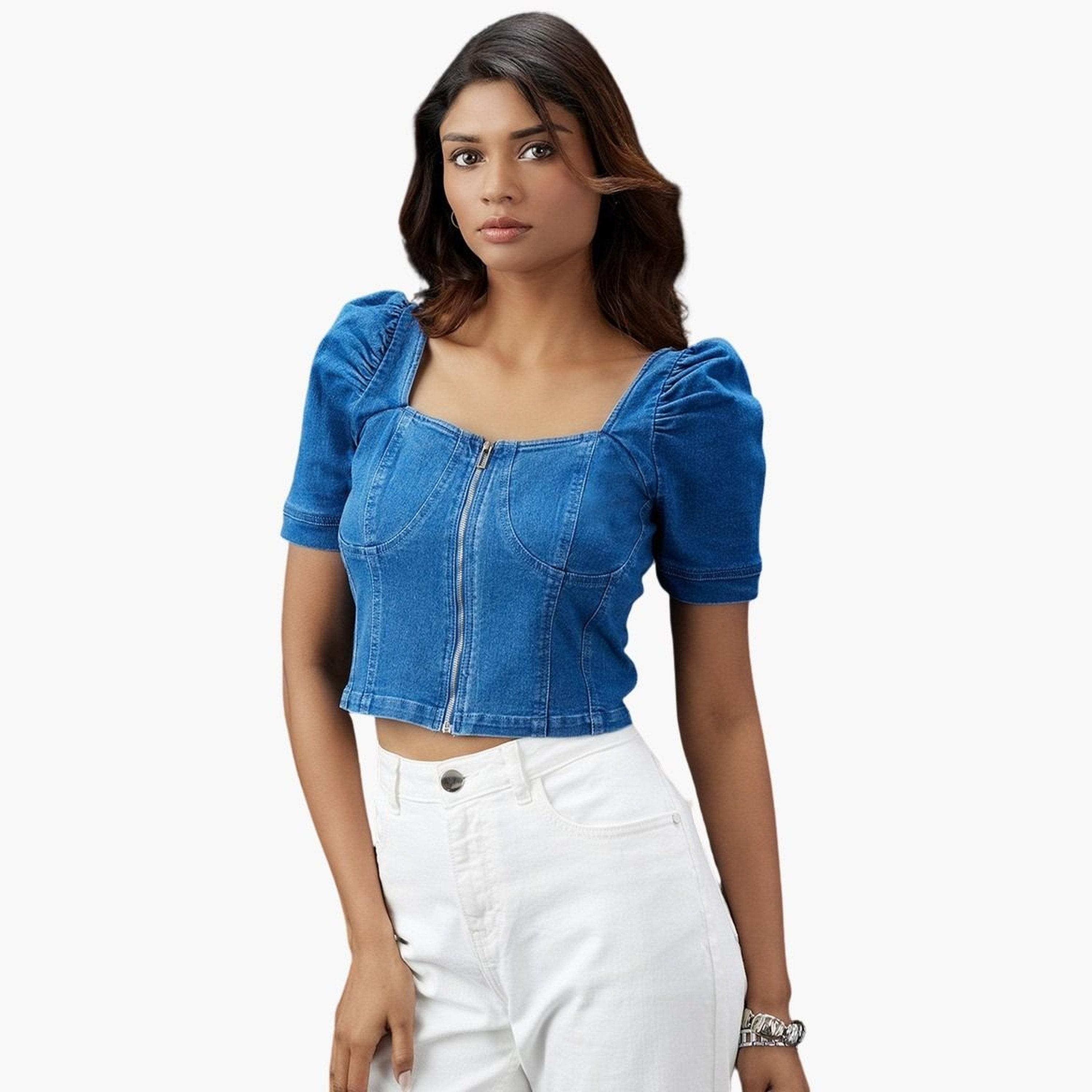 Globus X Styli Women Blue Puff Sleeves Denim Corset Top-women-clothing-tshirts-image-5
