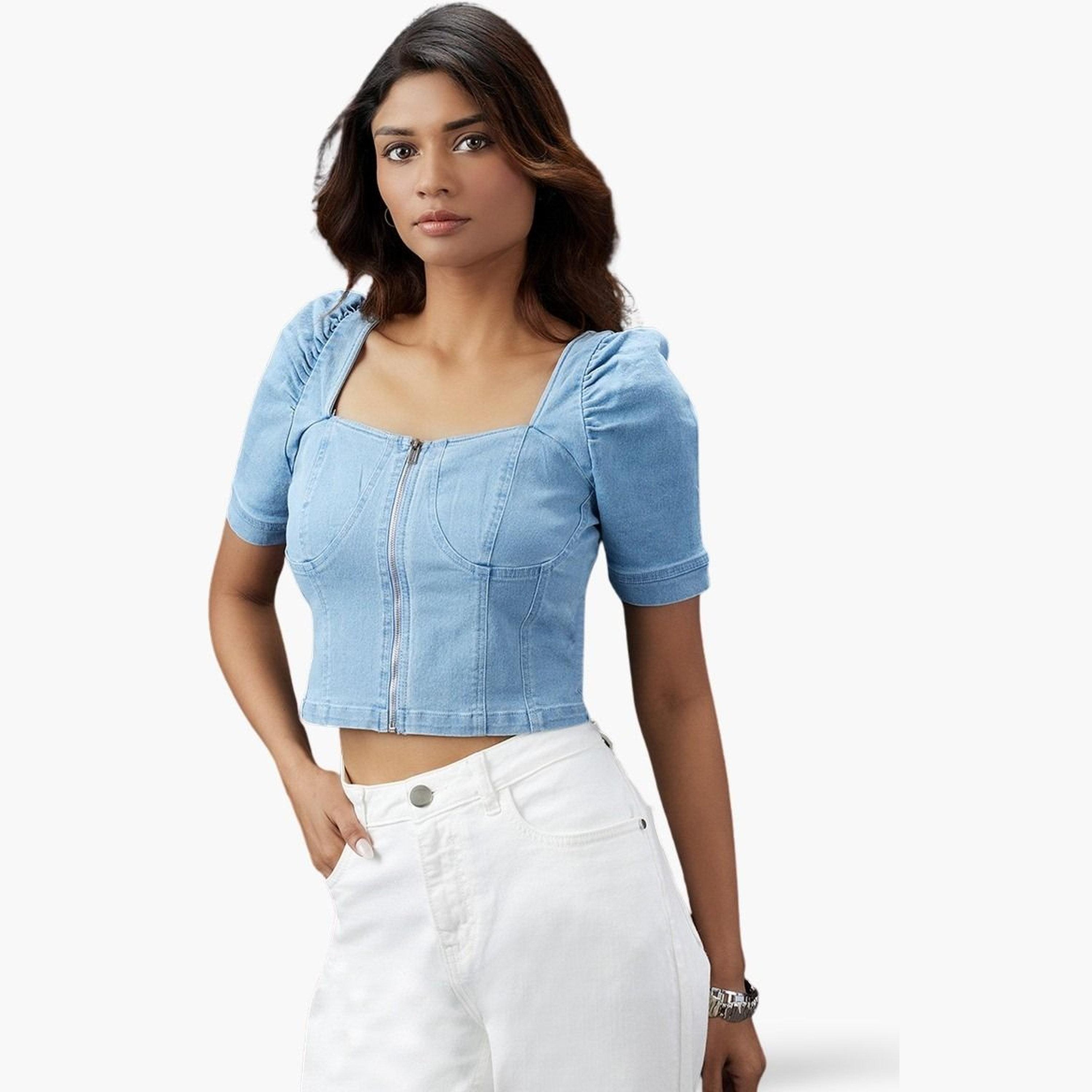 غلوبوص × ستايلي - بلوزة نسائية جينز بأكمام منتفخة باللون الأزرق-women-clothing-shirtsandblouses-blouses-image-1