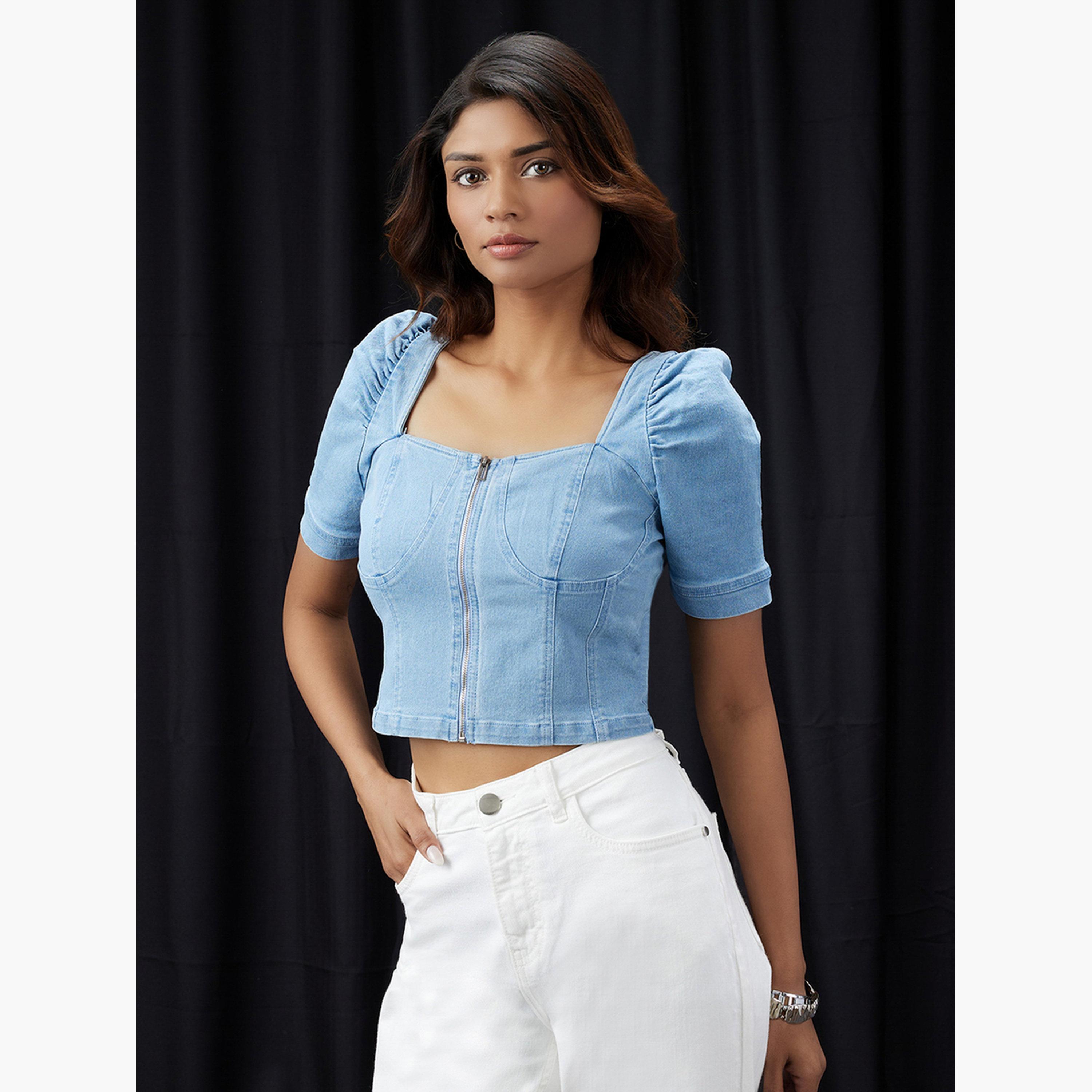 غلوبوص × ستايلي - بلوزة نسائية جينز بأكمام منتفخة باللون الأزرق-women-clothing-shirtsandblouses-blouses-image-2