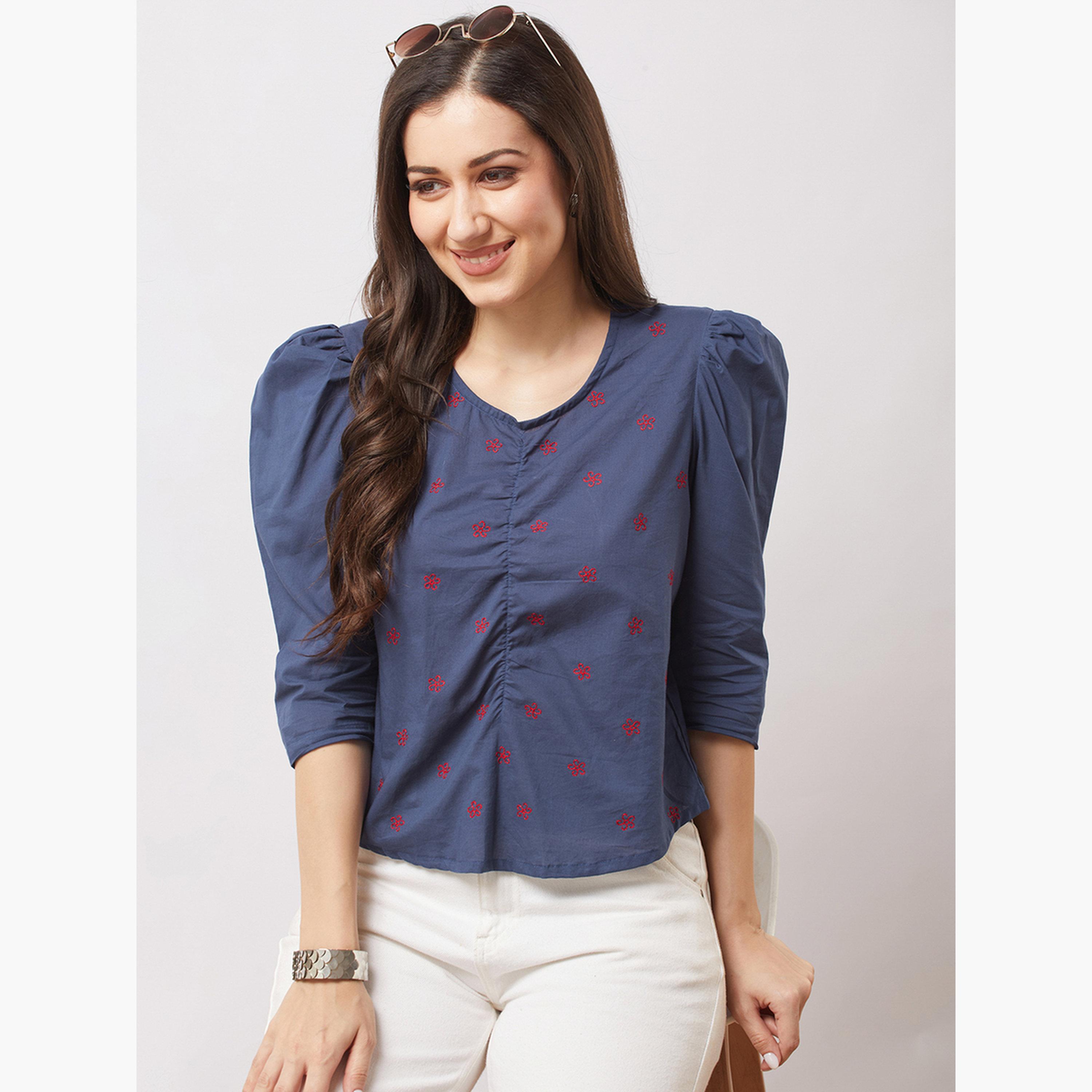 Globus X Styli Women Blue Puff Sleeves Floral Embroidered Top-women-clothing-tshirts-image-1