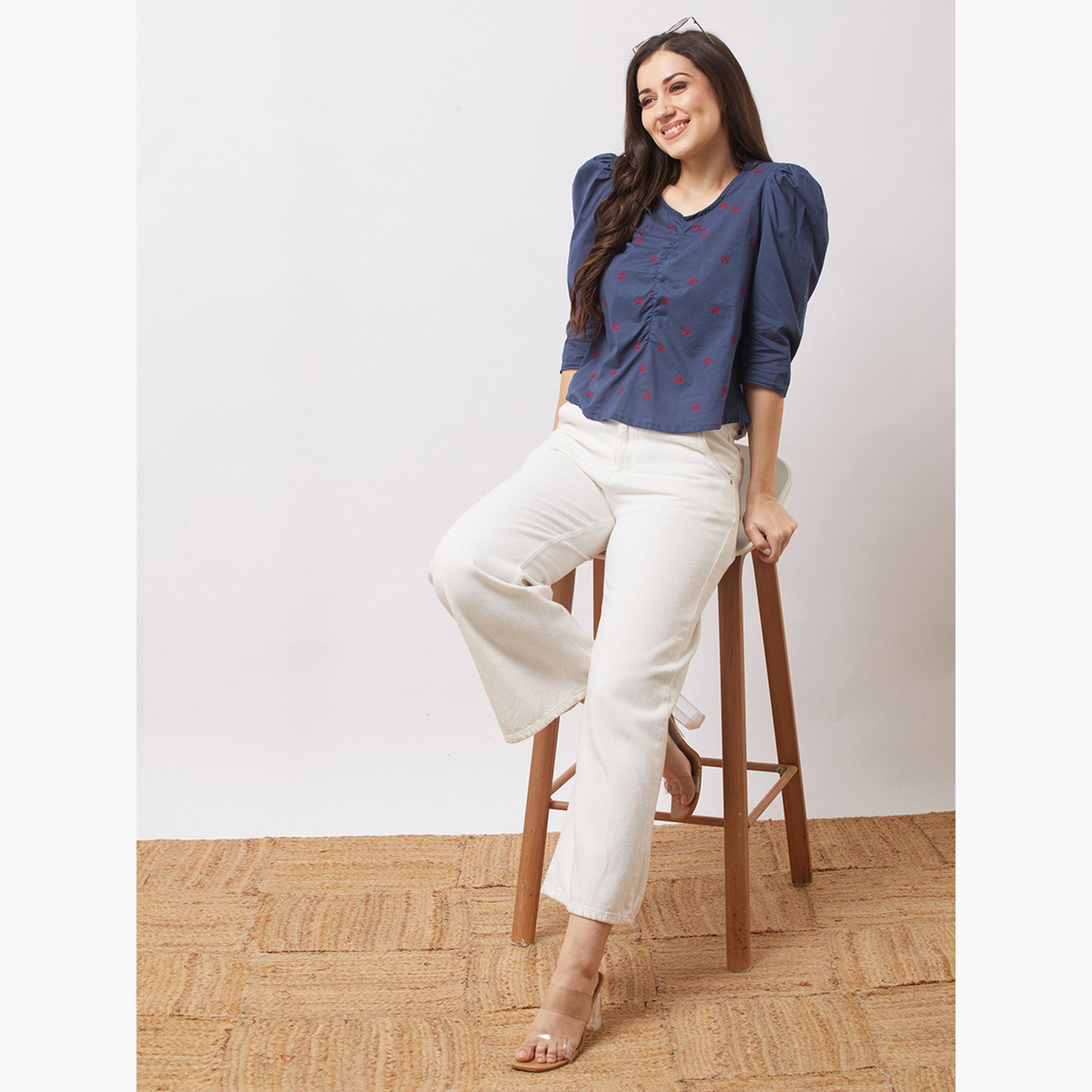 غلوبوس × ستايلي - بلوزة زرقاء مطرزة بالزهور بأكمام منتفخة للنساء-women-clothing-tshirts-image-2