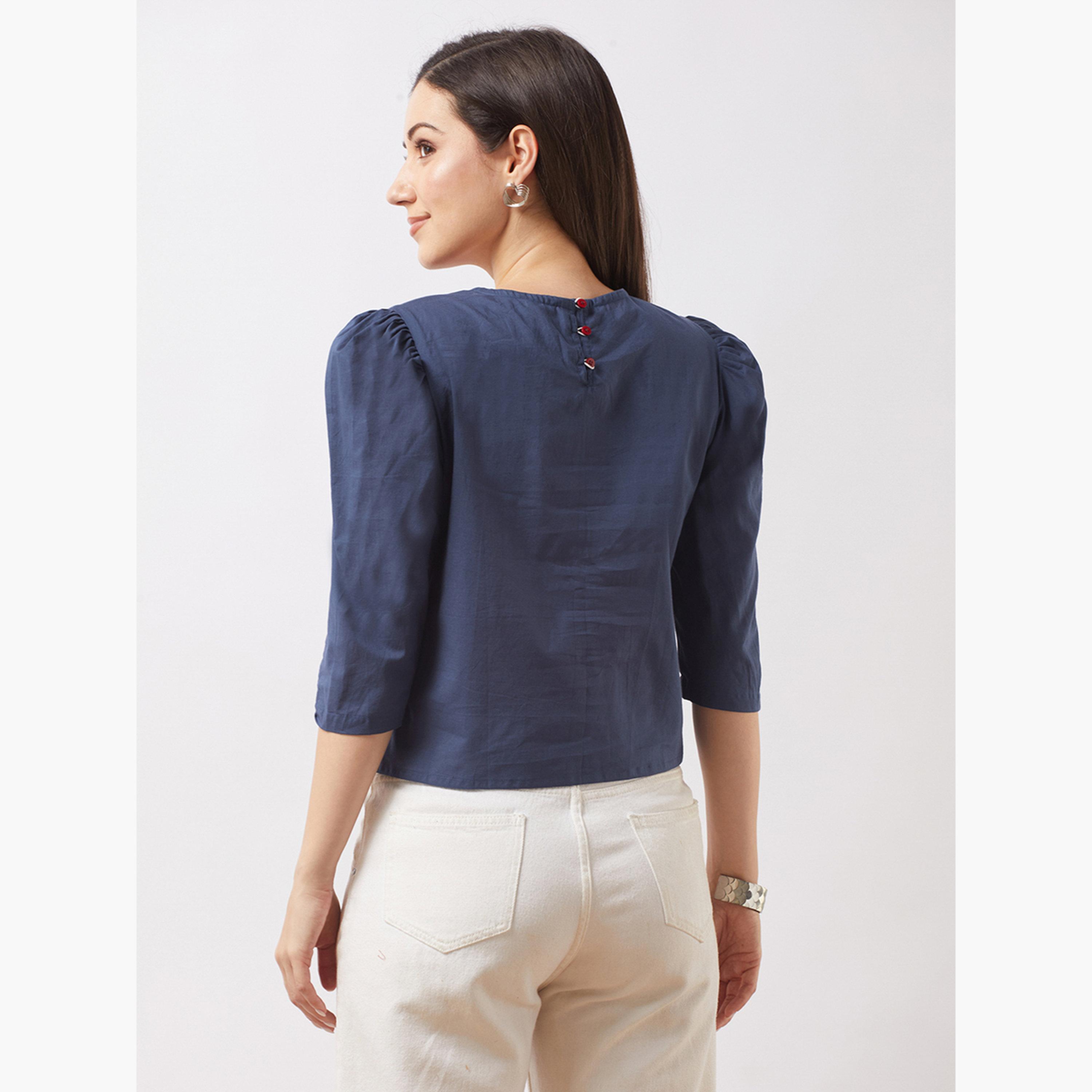 غلوبوس × ستايلي - بلوزة زرقاء مطرزة بالزهور بأكمام منتفخة للنساء-women-clothing-tshirts-image-3