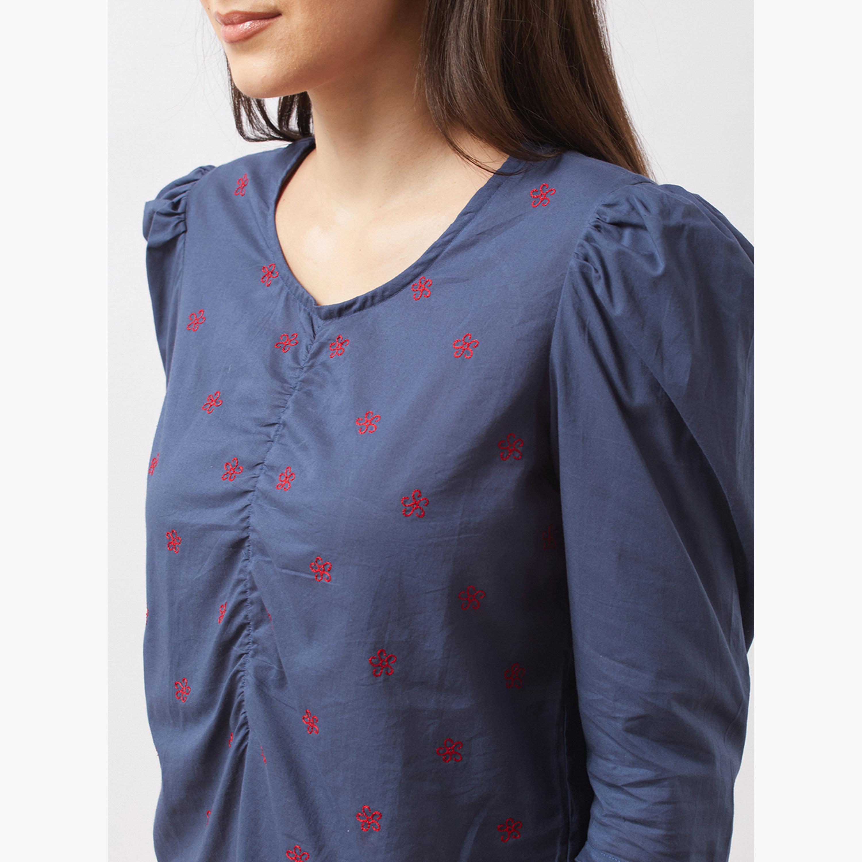 غلوبوس × ستايلي - بلوزة زرقاء مطرزة بالزهور بأكمام منتفخة للنساء-women-clothing-tshirts-image-4
