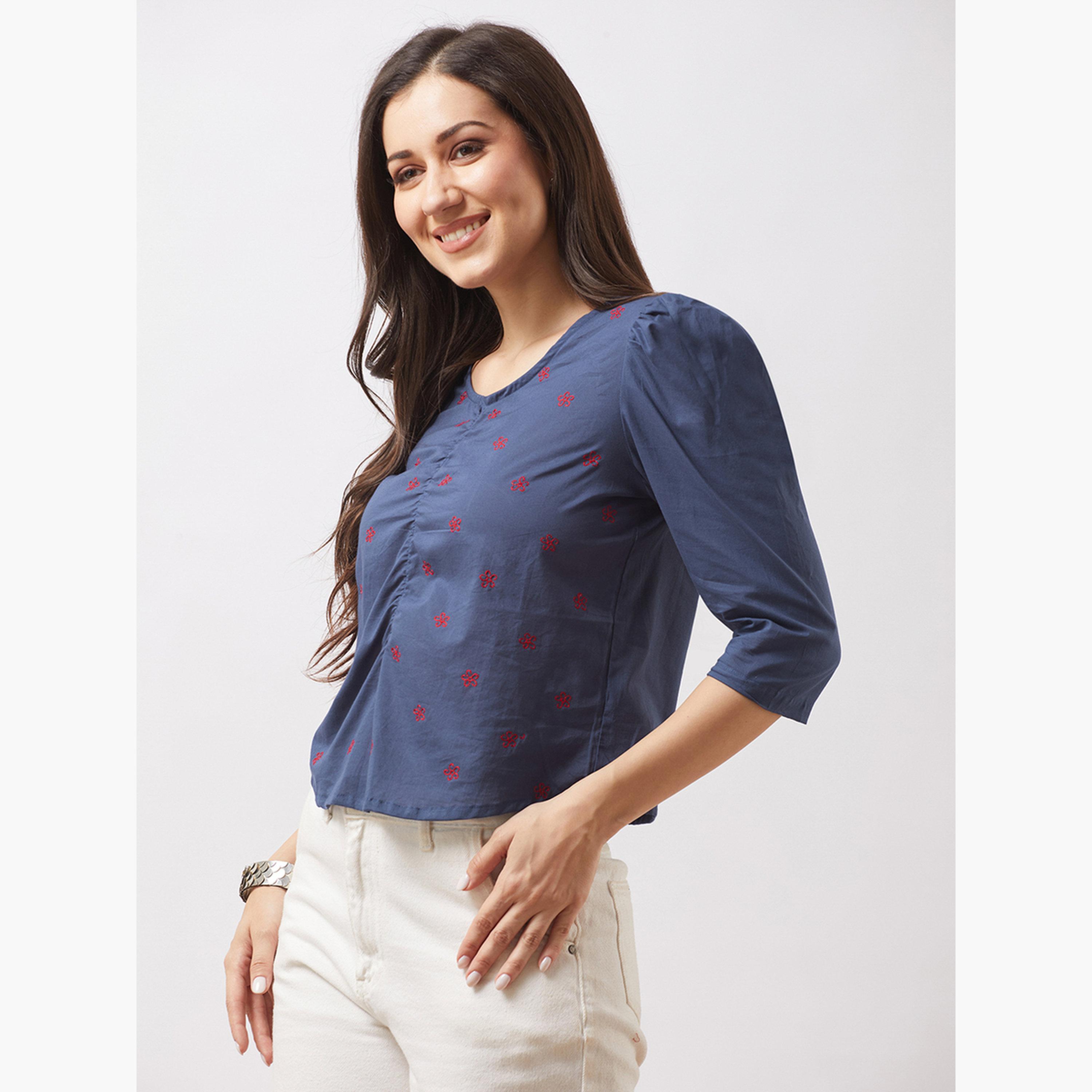 غلوبوس × ستايلي - بلوزة زرقاء مطرزة بالزهور بأكمام منتفخة للنساء-women-clothing-tshirts-image-5