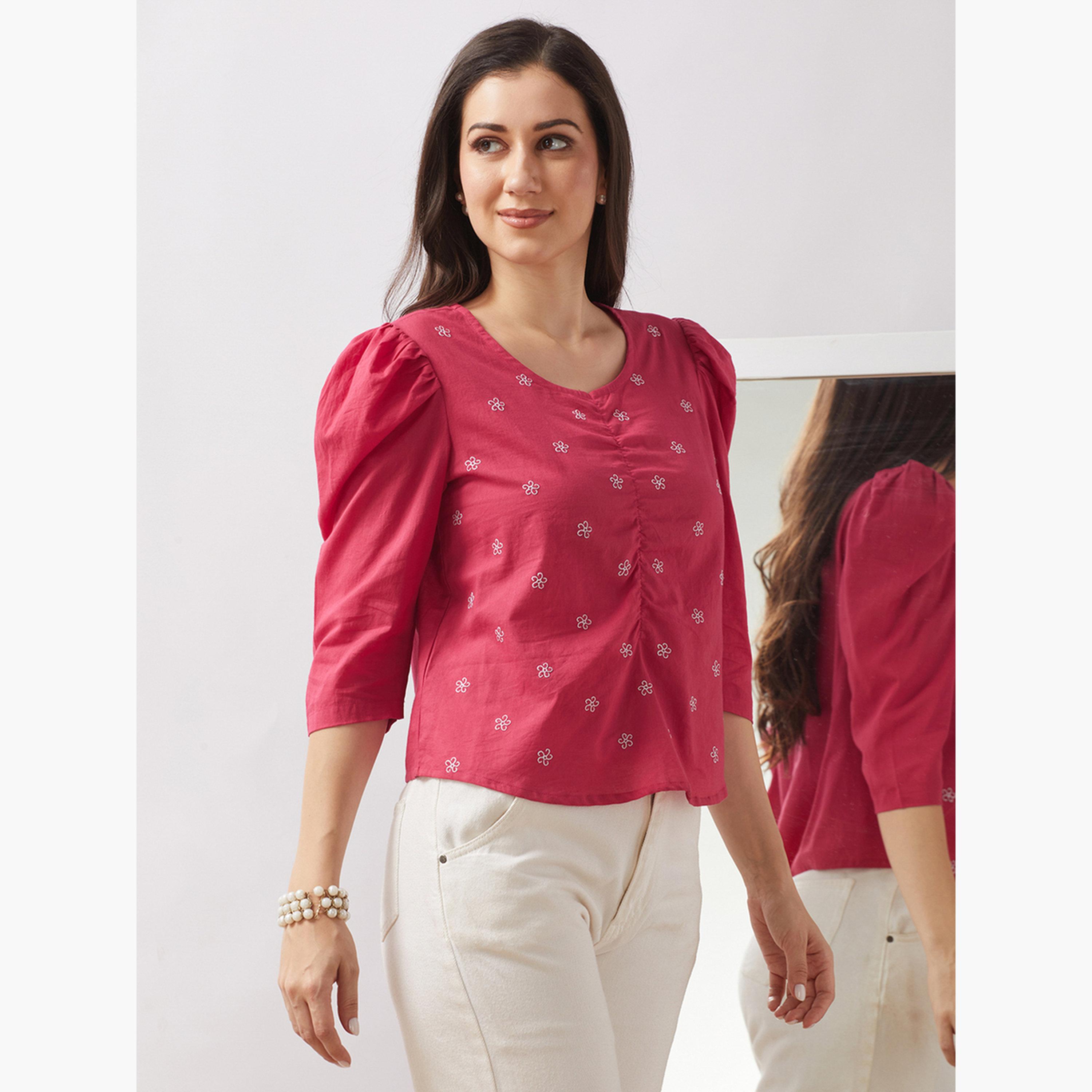 غلوبوس × ستايلي - بلوزة وردية مطرزة بالزهور بأكمام منتفخة للنساء-women-clothing-tshirts-image-1