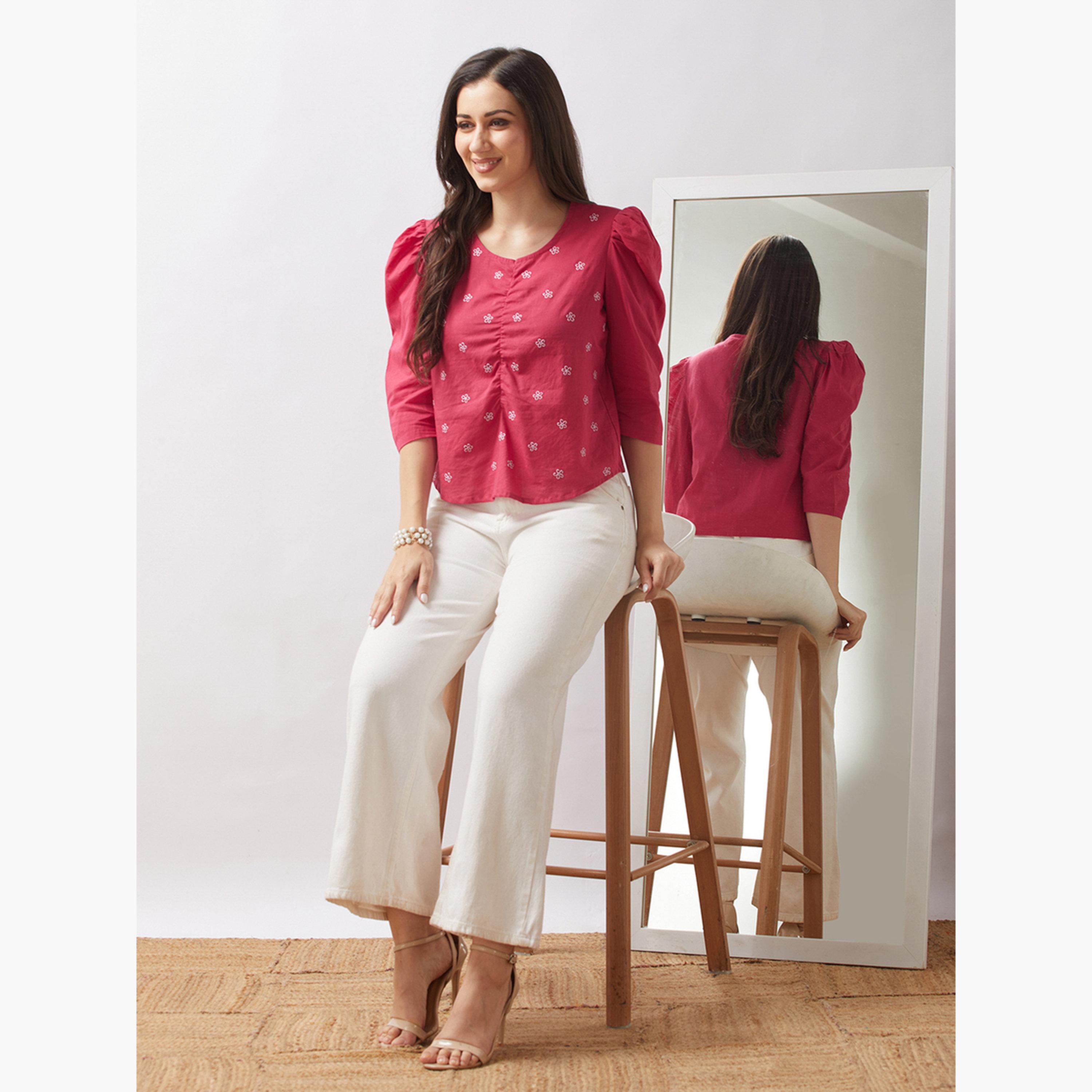 غلوبوس × ستايلي - بلوزة وردية مطرزة بالزهور بأكمام منتفخة للنساء-women-clothing-tshirts-image-2