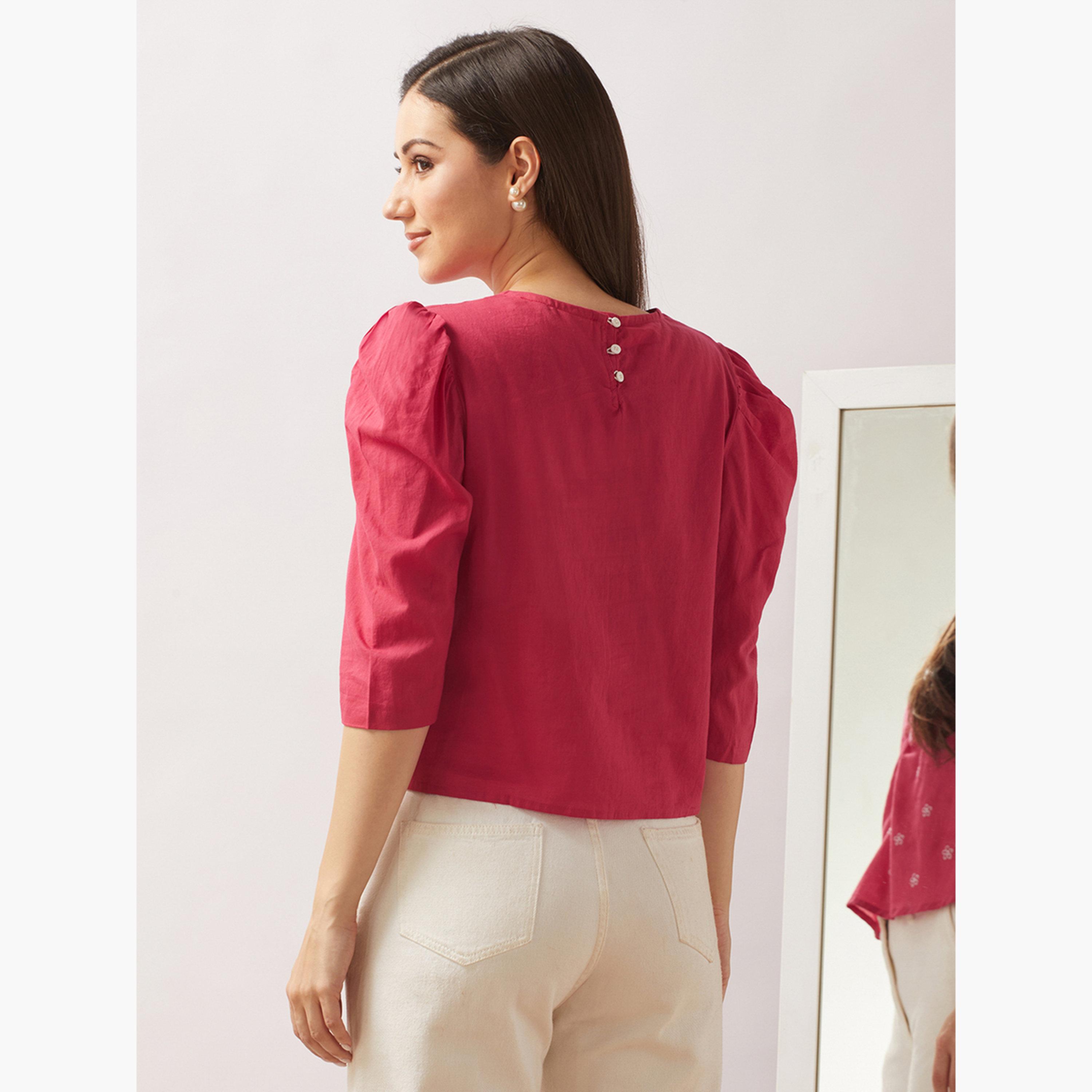 غلوبوس × ستايلي - بلوزة وردية مطرزة بالزهور بأكمام منتفخة للنساء-women-clothing-tshirts-image-3