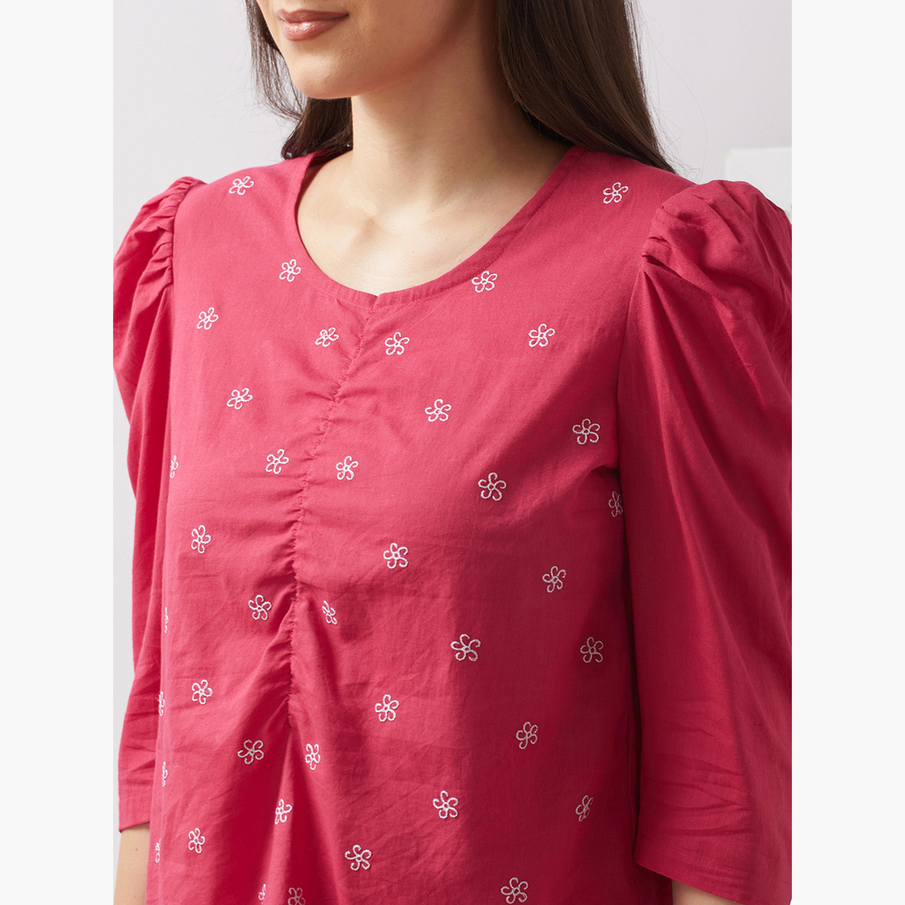 غلوبوس × ستايلي - بلوزة وردية مطرزة بالزهور بأكمام منتفخة للنساء-women-clothing-tshirts-image-4