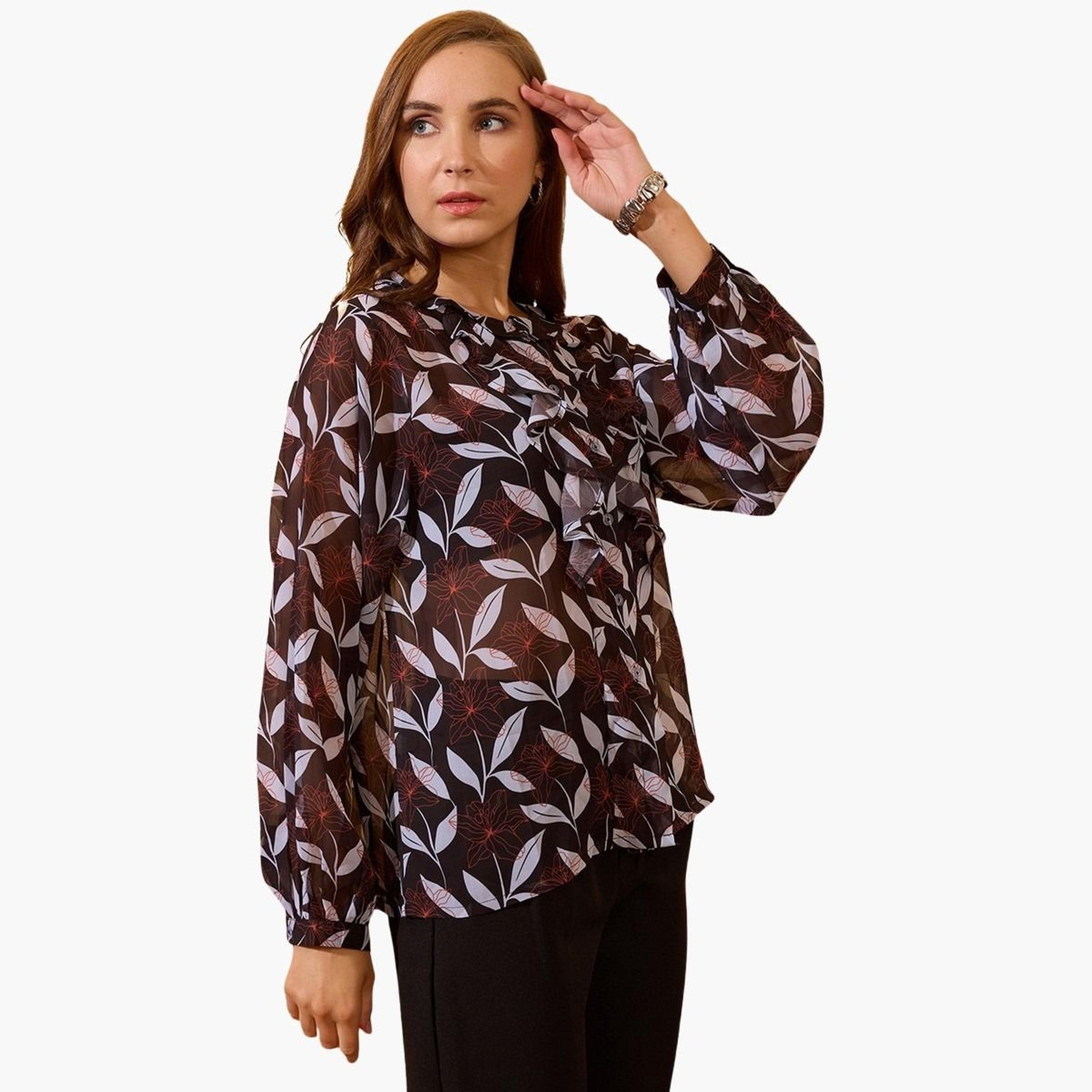 غلوبوس × ستايلي - بلوزة سوداء بأكمام طويلة وطبعة زهور للنساء-women-clothing-tshirts-image-1