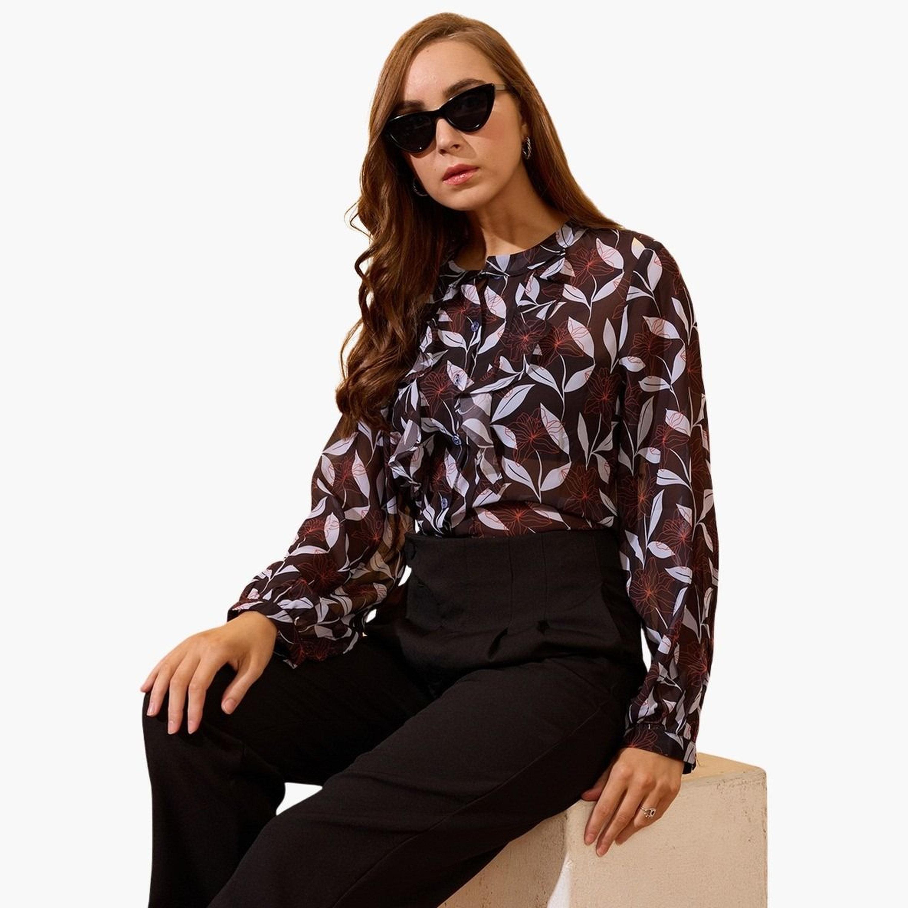 غلوبوس × ستايلي - بلوزة سوداء بأكمام طويلة وطبعة زهور للنساء-women-clothing-tshirts-image-2