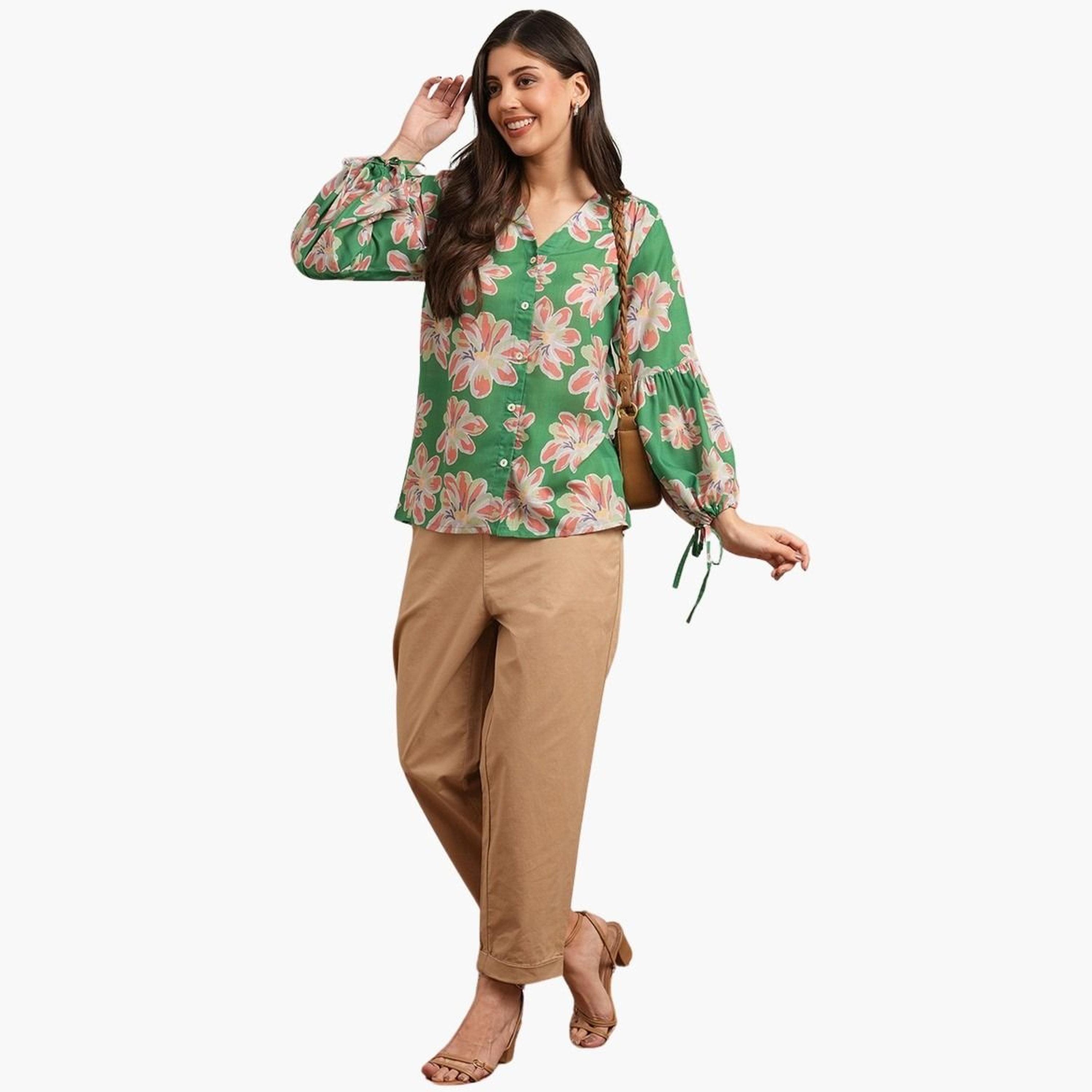 Globus X Styli Women Green Floral Print Balloon Sleeves Top-women-clothing-tshirts-image-2