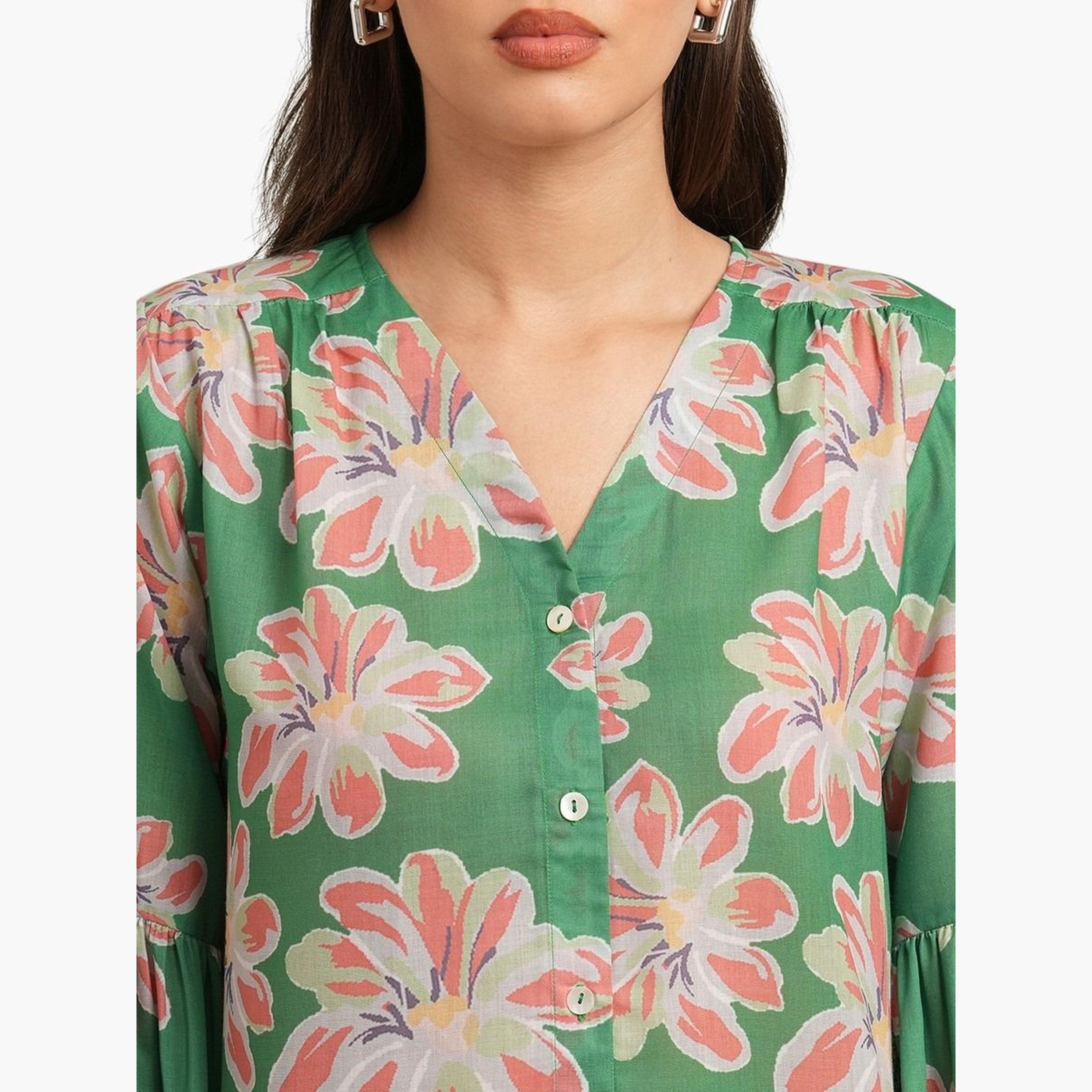 غلوبوس × ستايلي - بلوزة خضراء نقشة زهور وأكمام منفوخة للنساء-women-clothing-tshirts-image-4