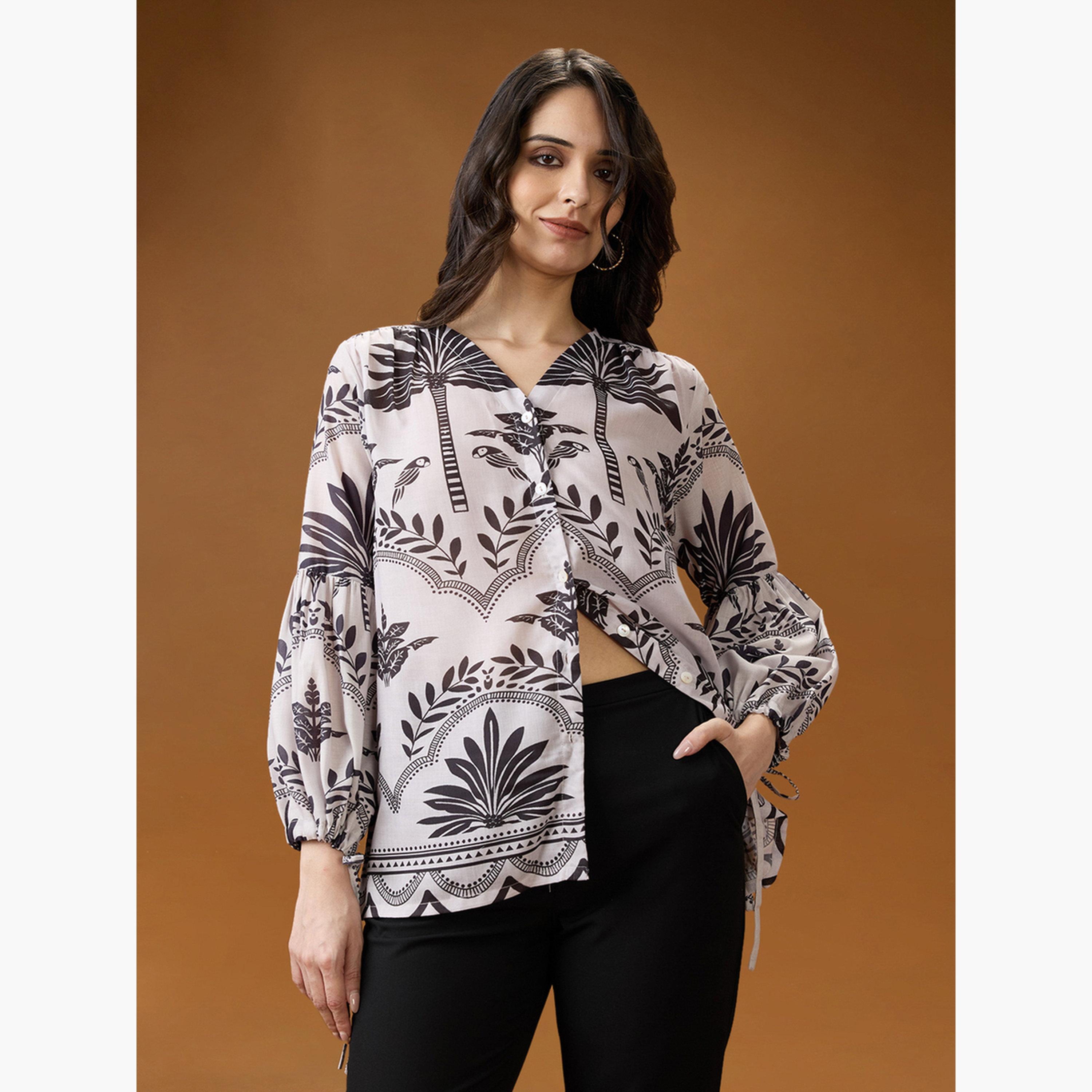 غلوبوص × ستايلي - بلوزة نسائية مطبوعة رقبة حرف V وأكمام منفوخة-women-clothing-shirtsandblouses-shirts-image-4