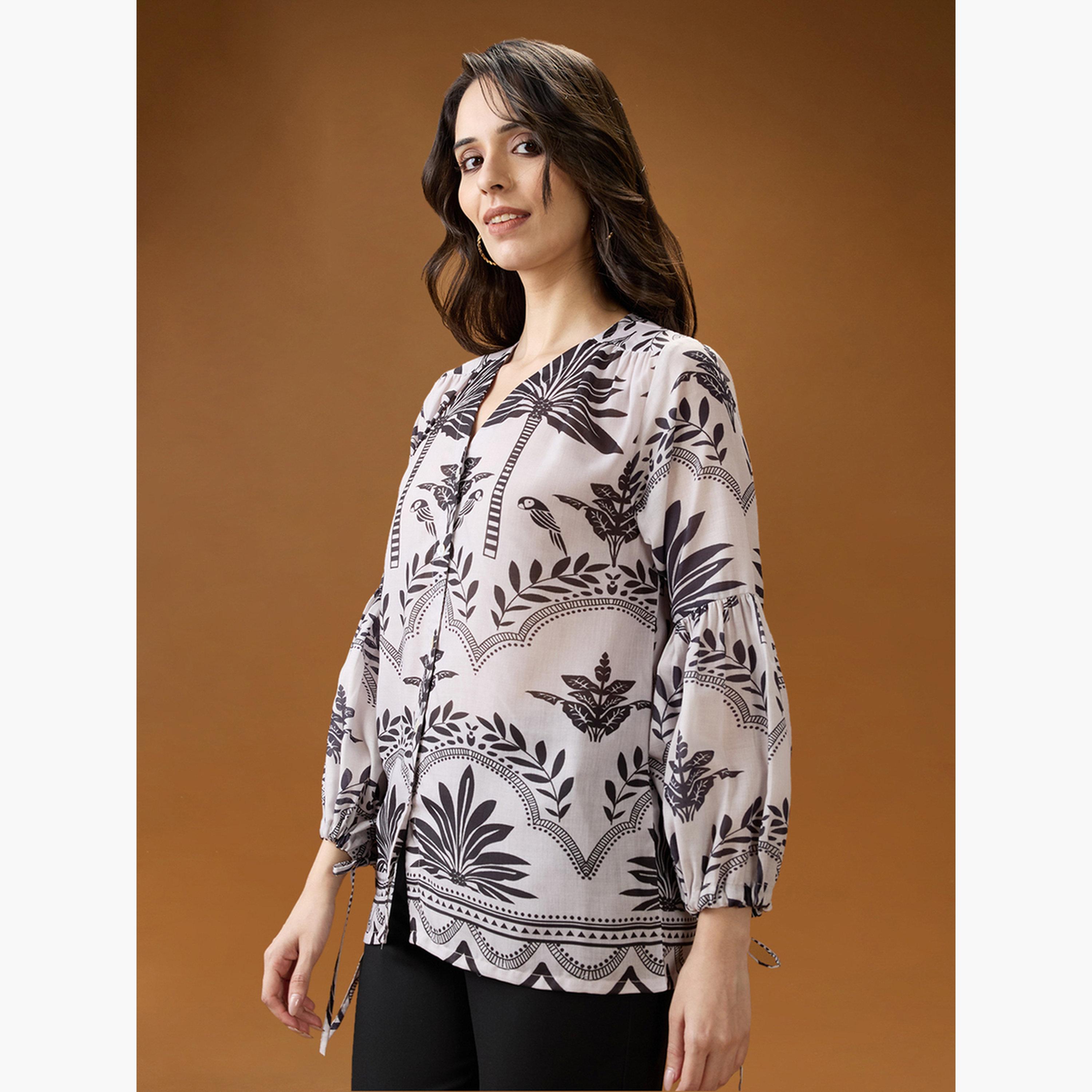 غلوبوص × ستايلي - بلوزة نسائية مطبوعة رقبة حرف V وأكمام منفوخة-women-clothing-shirtsandblouses-shirts-image-5