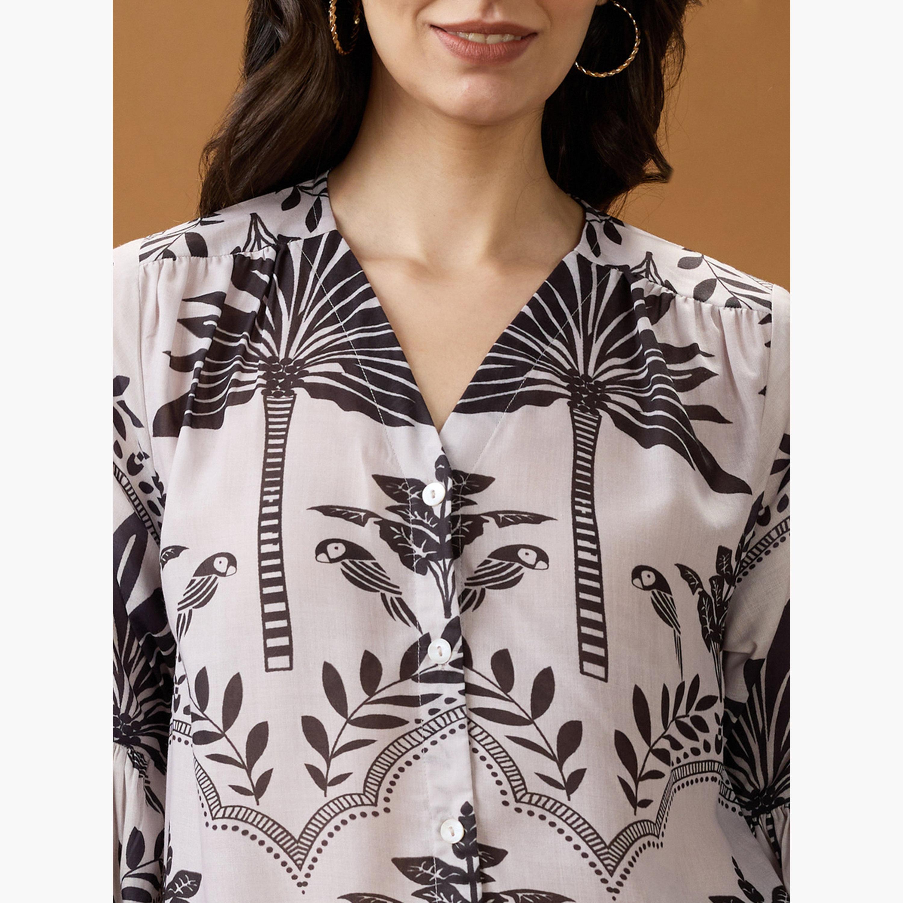 غلوبوص × ستايلي - بلوزة نسائية مطبوعة رقبة حرف V وأكمام منفوخة-women-clothing-shirtsandblouses-shirts-image-6