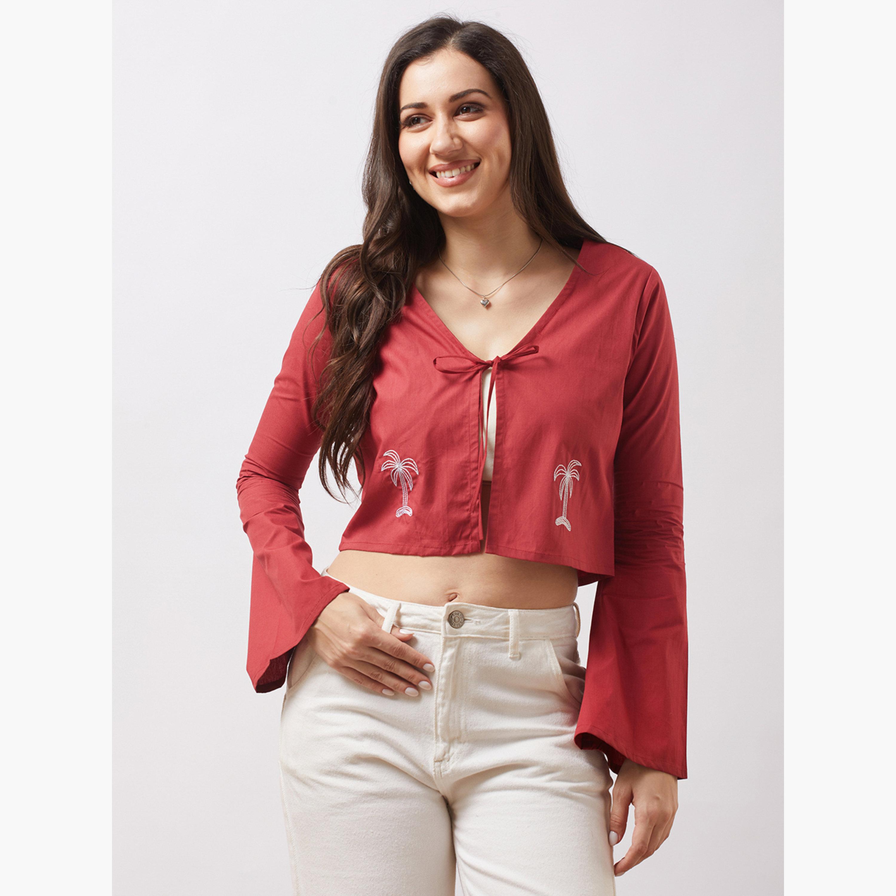 Globus X Styli Women Brown Tie-Up Neck Embroidered Detail Crop Top-women-clothing-shirtsandblouses-blouses-image-1