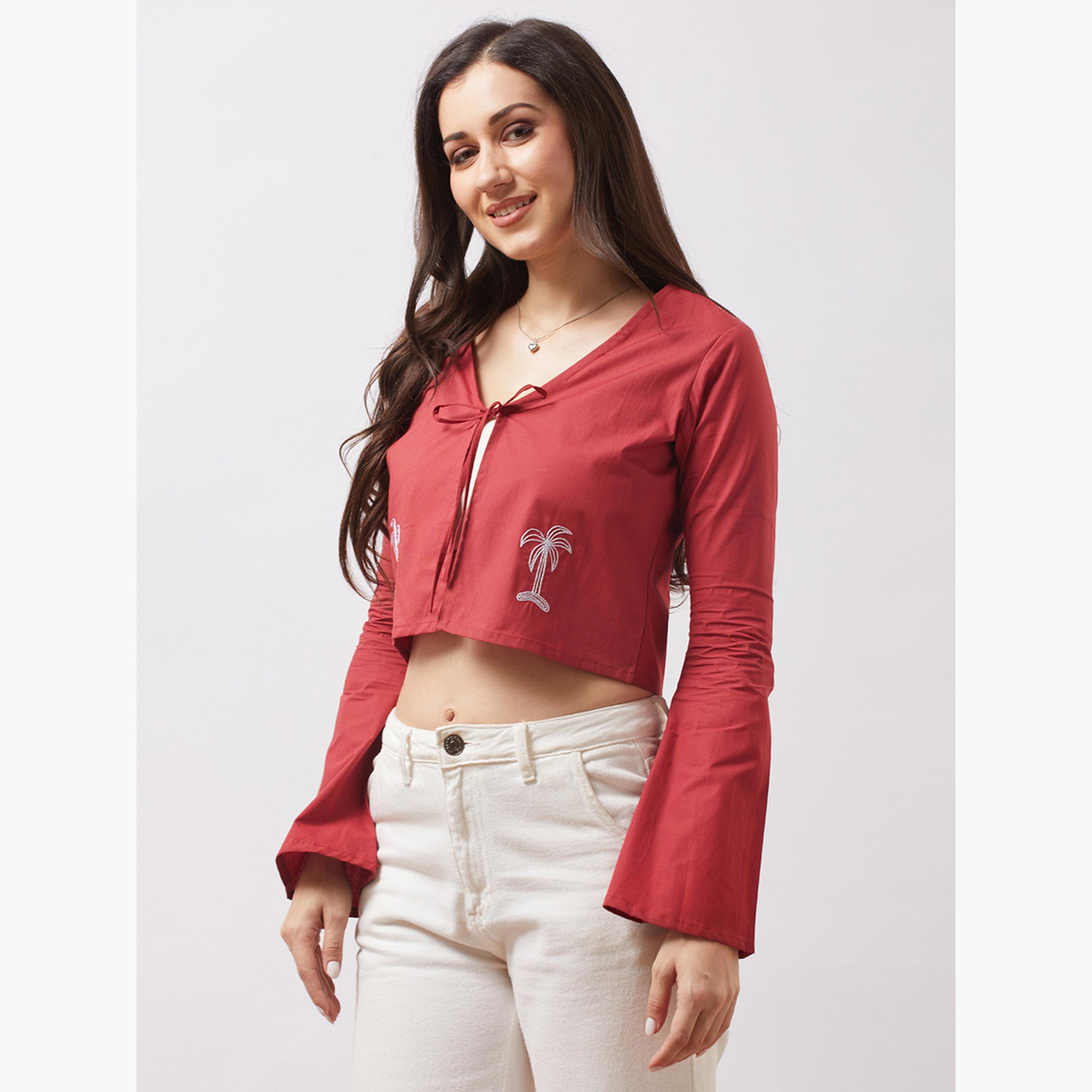 Globus X Styli Women Brown Tie-Up Neck Embroidered Detail Crop Top-women-clothing-shirtsandblouses-blouses-image-3