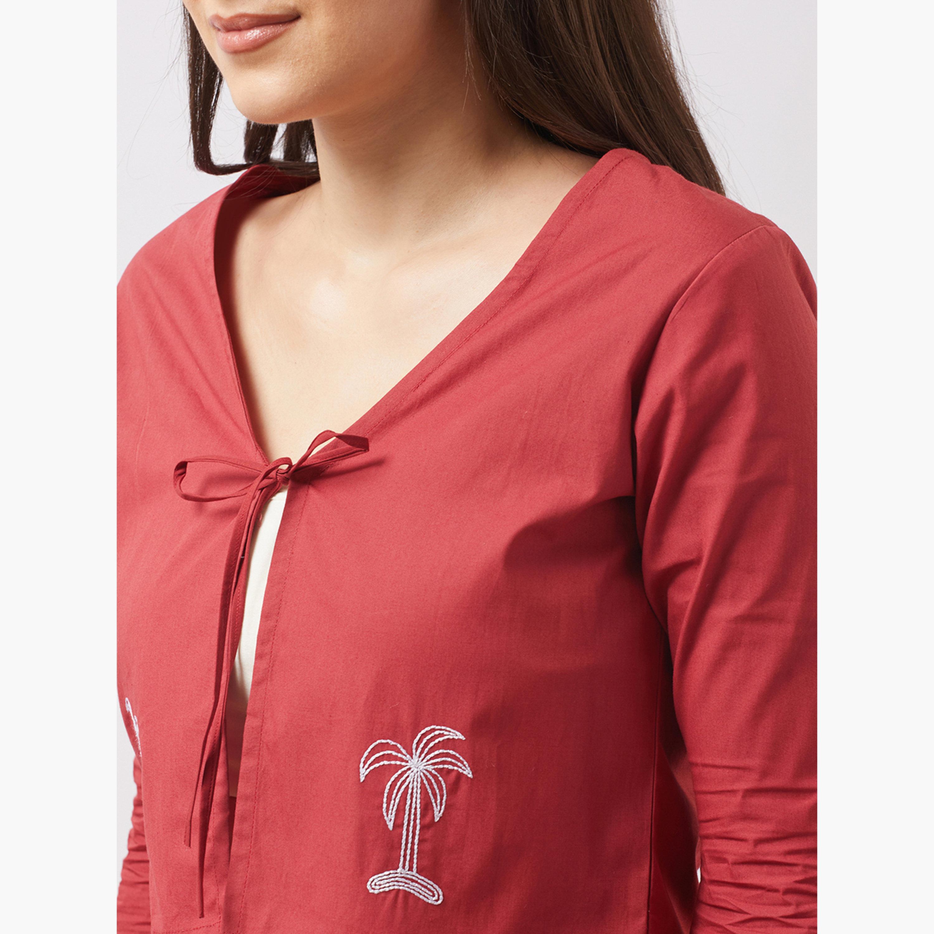 غلوبوص × ستايلي - بلوزة نسائية قصيرة باللون البني مع رباط للرقبة وتفاصيل مطرزة-women-clothing-shirtsandblouses-blouses-image-4