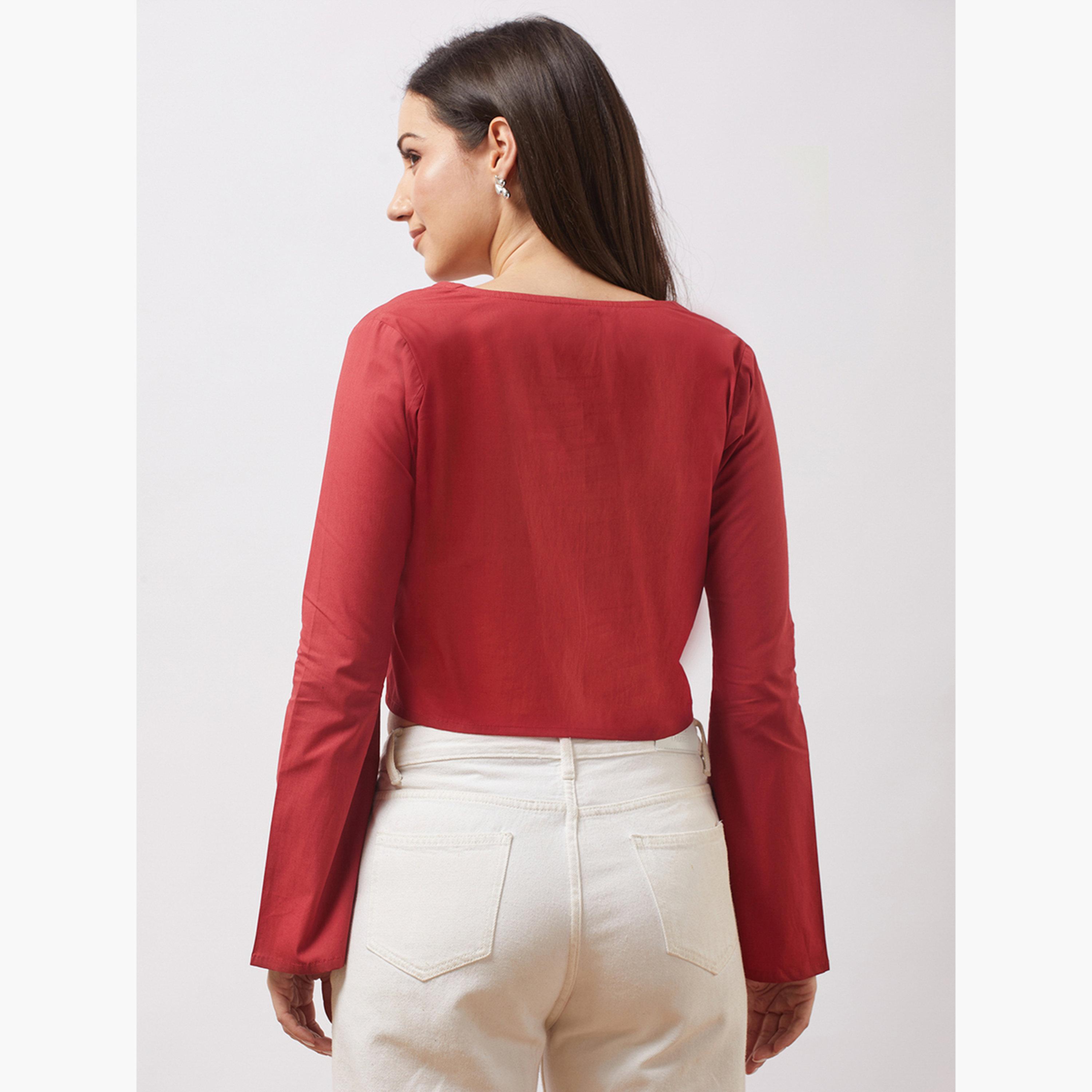 غلوبوص × ستايلي - بلوزة نسائية قصيرة باللون البني مع رباط للرقبة وتفاصيل مطرزة-women-clothing-shirtsandblouses-blouses-image-5