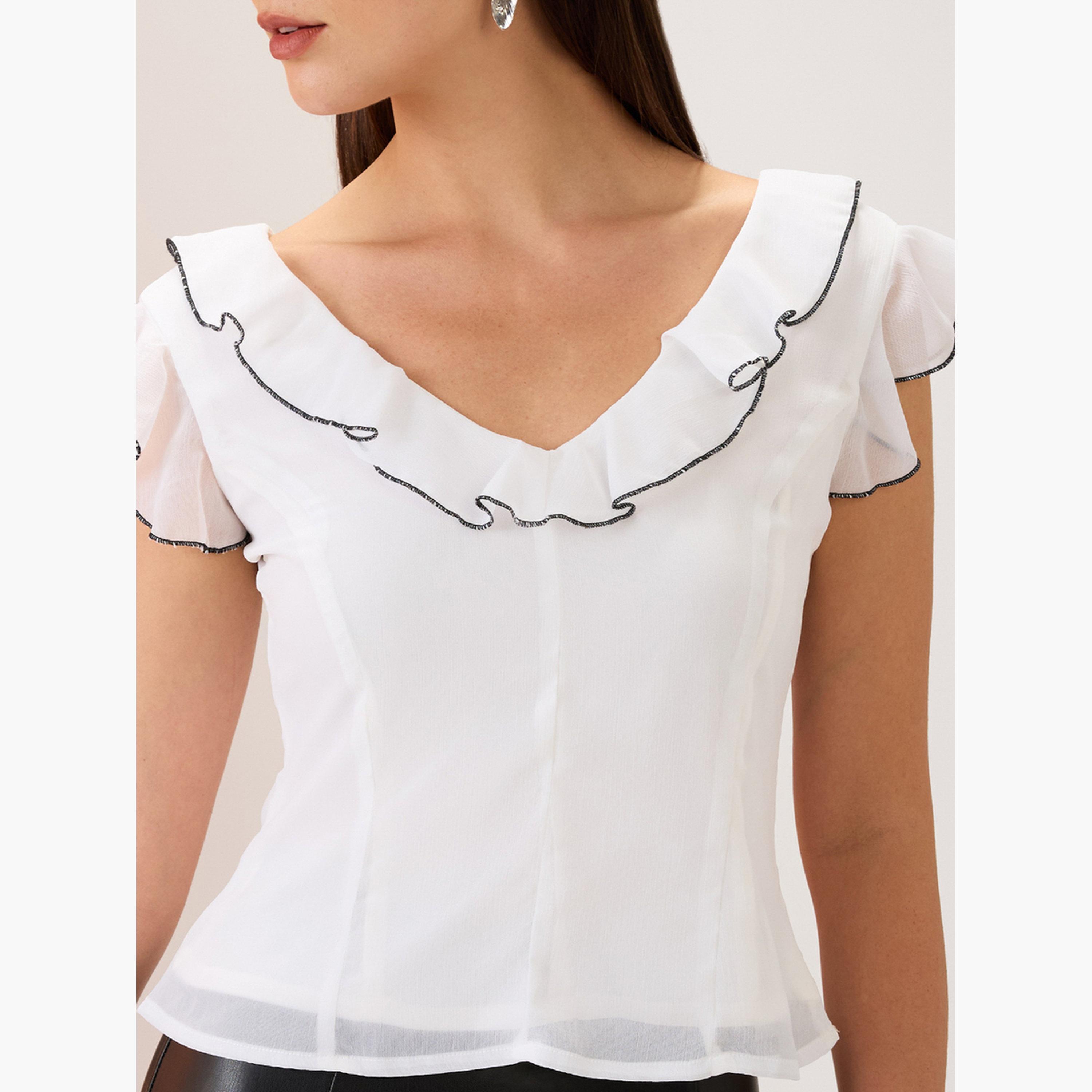 Globus X Styli Women White V-Neck Ruffle Piping Detail Top-women-clothing-shirtsandblouses-blouses-image-4