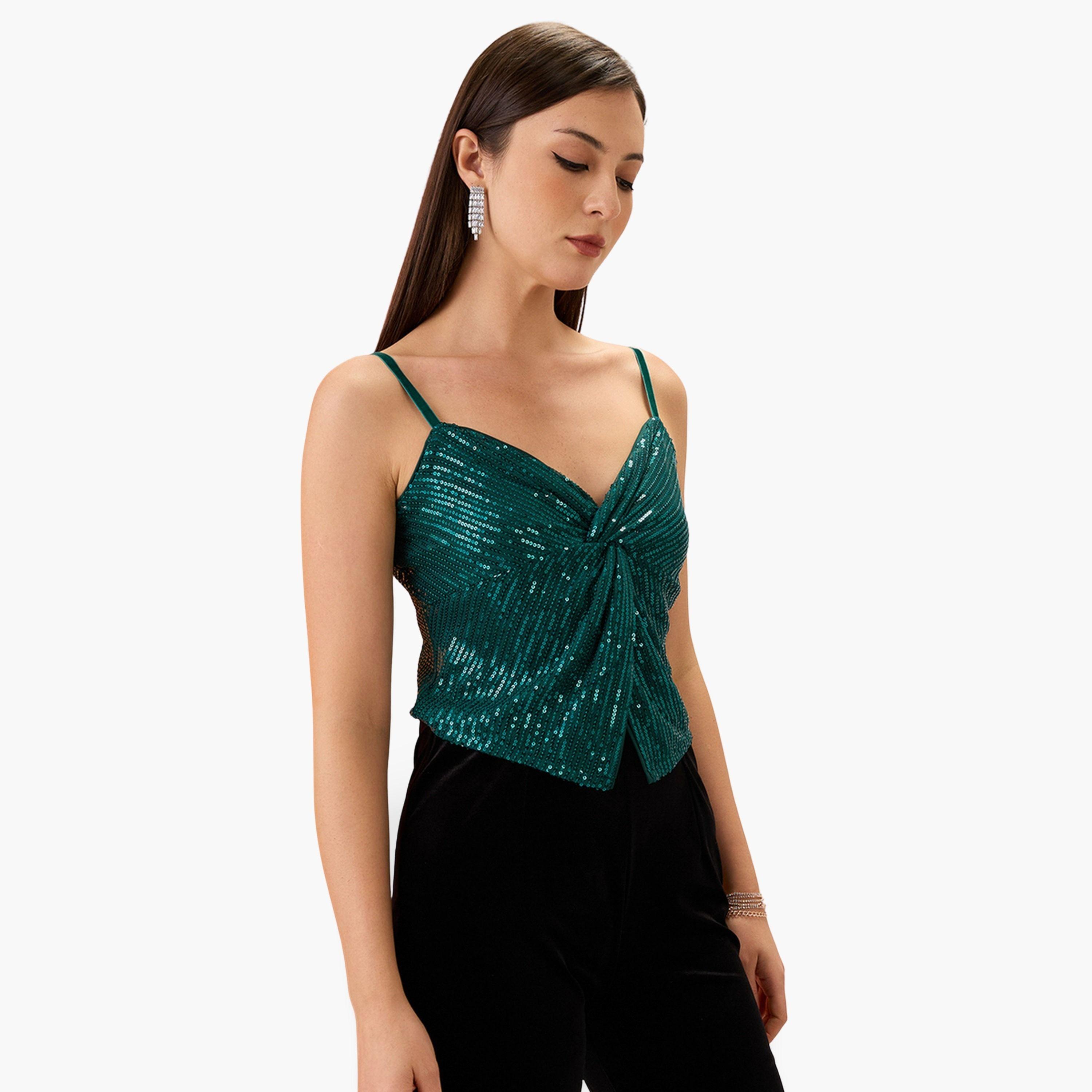 Globus X Styli Women Green Sequined Strappy Top-women-clothing-shirtsandblouses-blouses-image-1