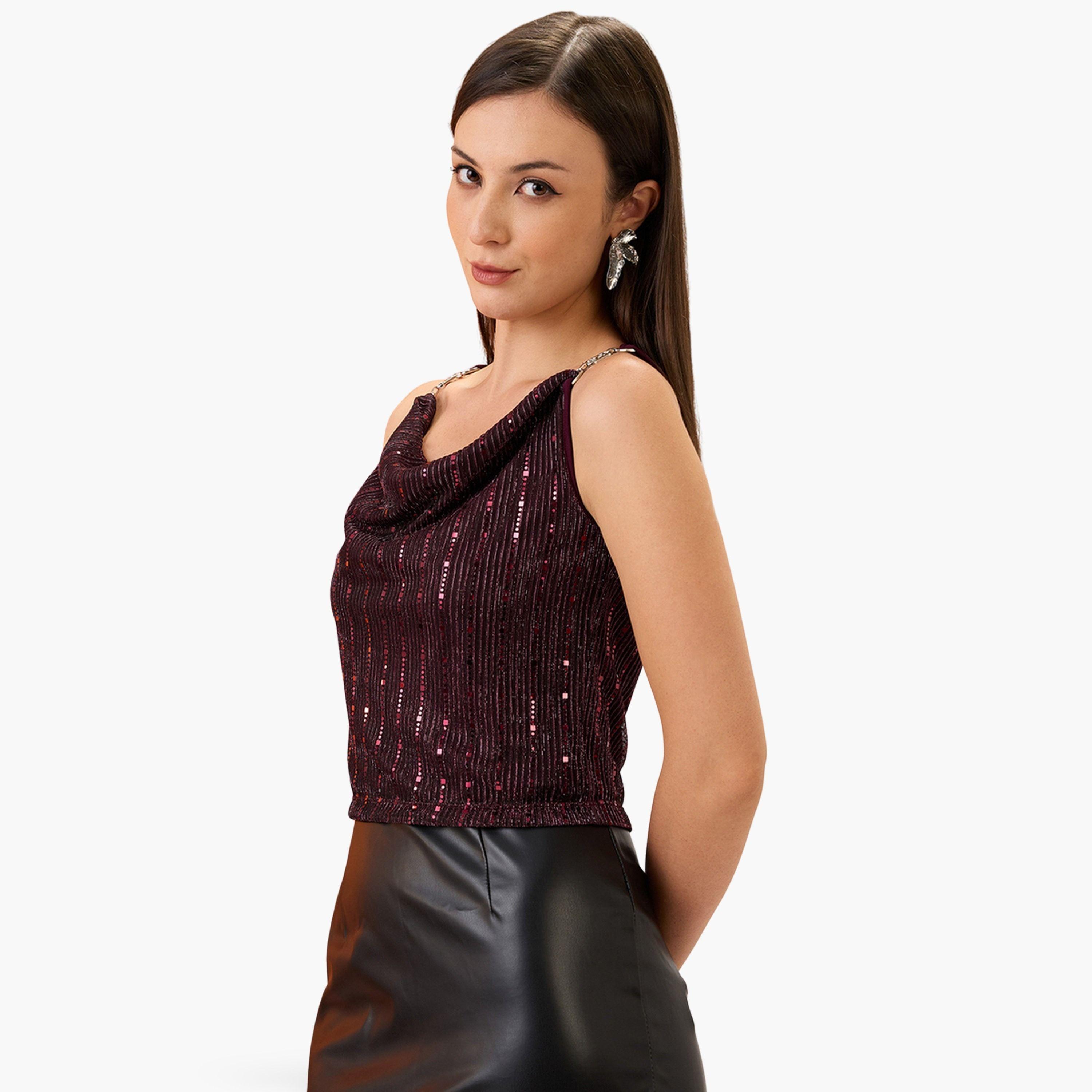 غلوبوص × ستايلي - بلوزة نسائية برقبة دائرية من الترتر وأشرطة لون نبيذي-women-clothing-shirtsandblouses-blouses-image-1