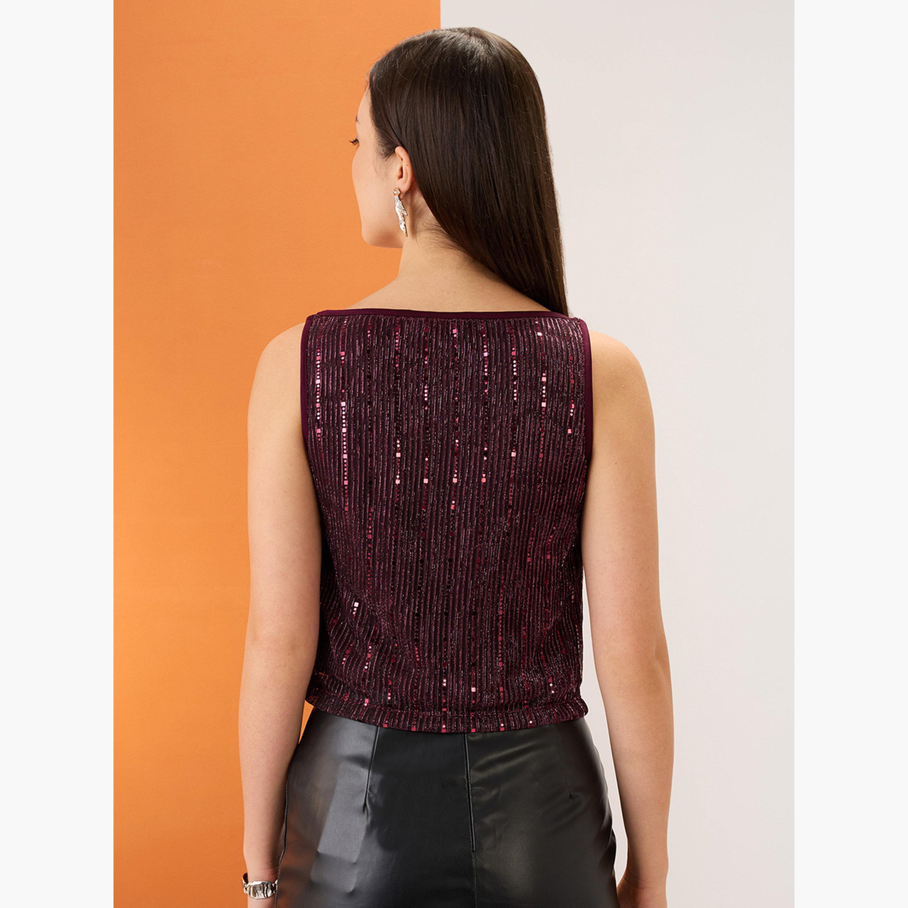 غلوبوص × ستايلي - بلوزة نسائية برقبة دائرية من الترتر وأشرطة لون نبيذي-women-clothing-shirtsandblouses-blouses-image-5
