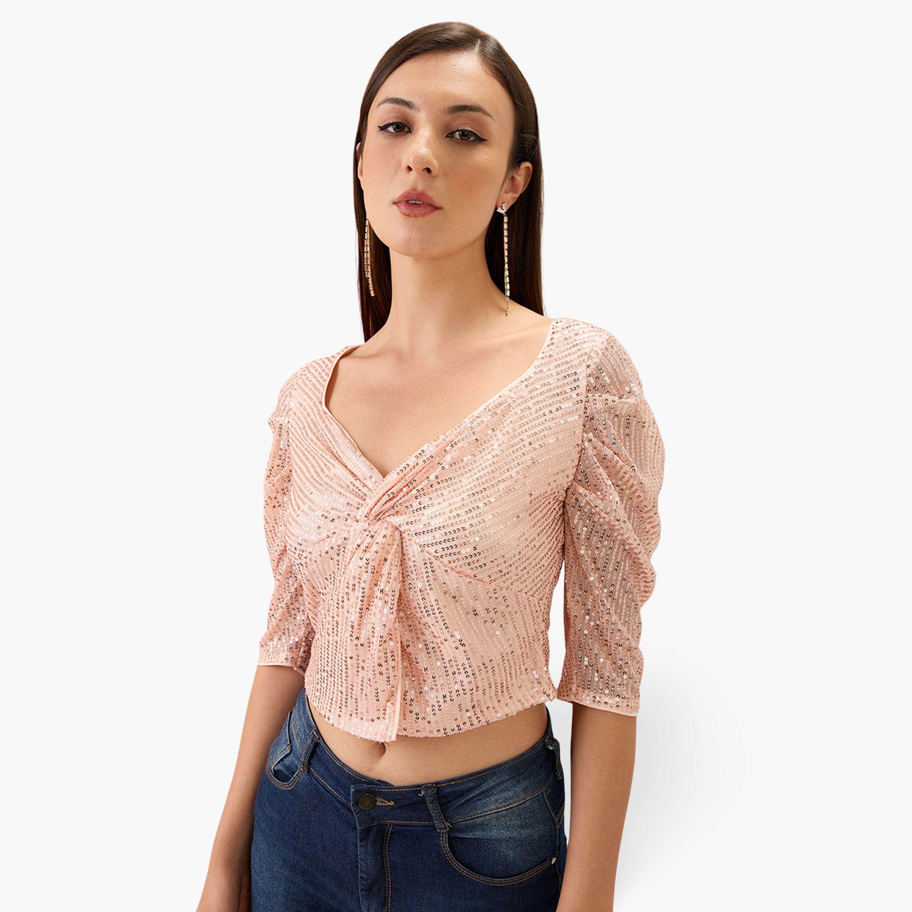 غلوبوص × ستايلي - بلوزة نسائية قصيرة باللون البيج مع أكمام على شكل قلب مزينة بالترتر-women-clothing-shirtsandblouses-blouses-image-1