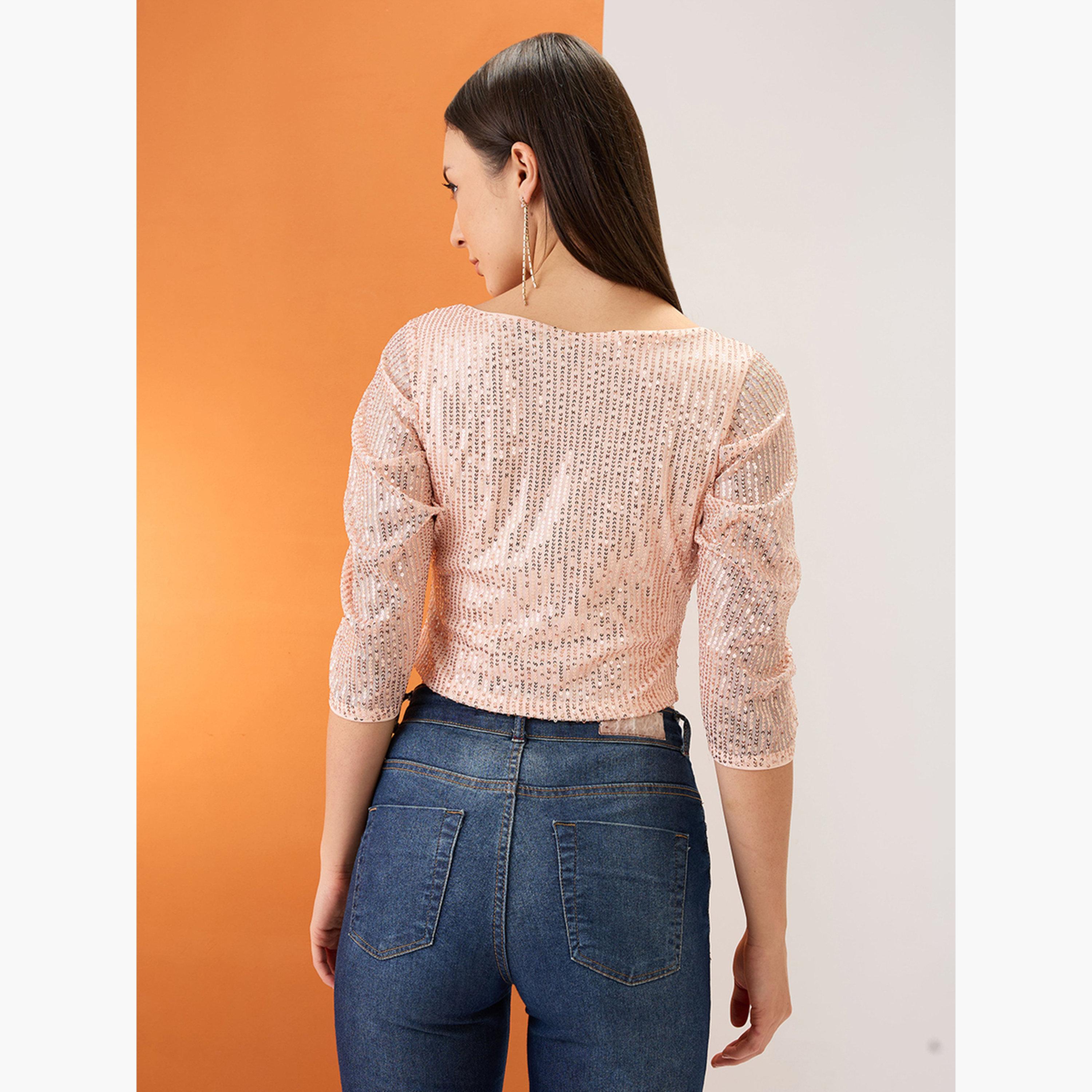 غلوبوص × ستايلي - بلوزة نسائية قصيرة باللون البيج مع أكمام على شكل قلب مزينة بالترتر-women-clothing-shirtsandblouses-blouses-image-5