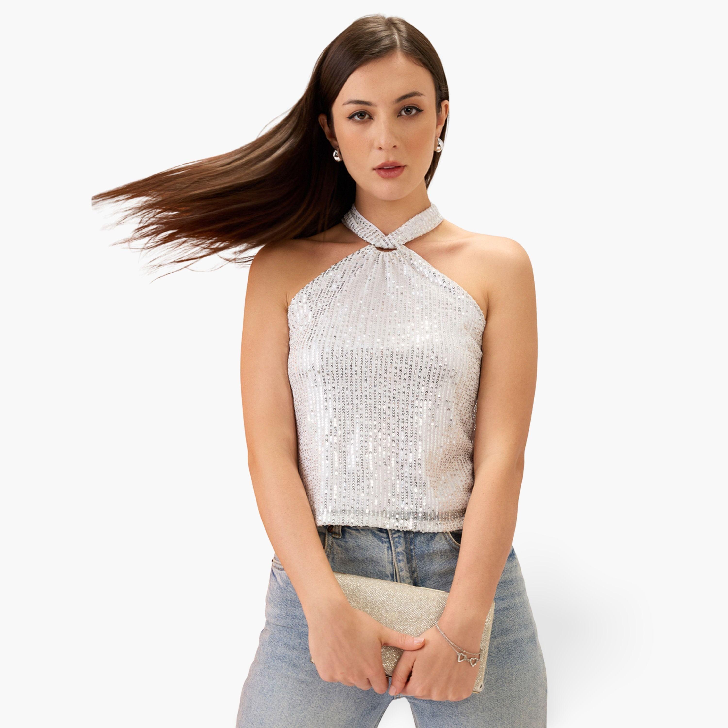 Globus X Styli Women White Halter Neck Sequined Top-women-clothing-shirtsandblouses-blouses-image-1
