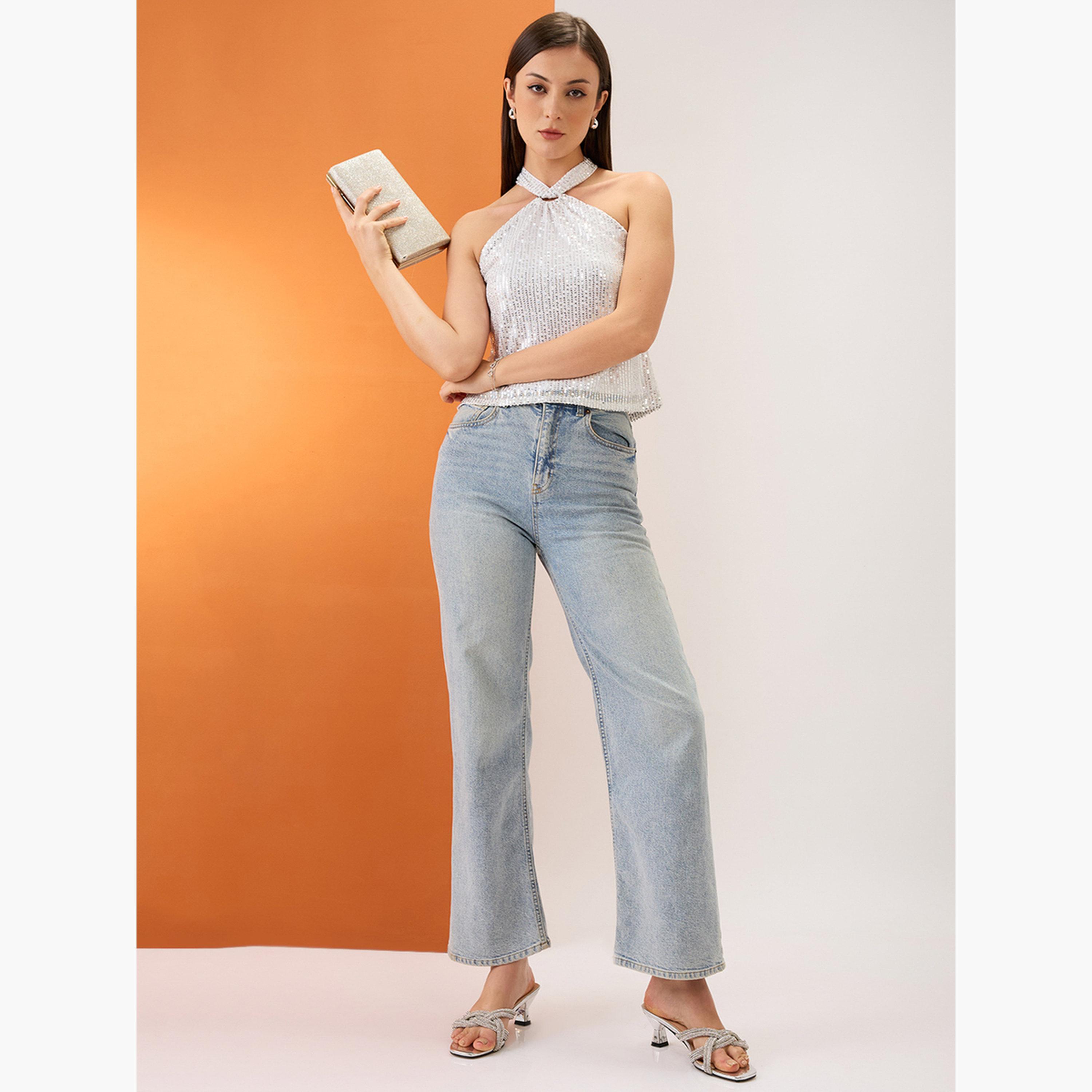 Globus X Styli Women White Halter Neck Sequined Top-women-clothing-shirtsandblouses-blouses-image-2