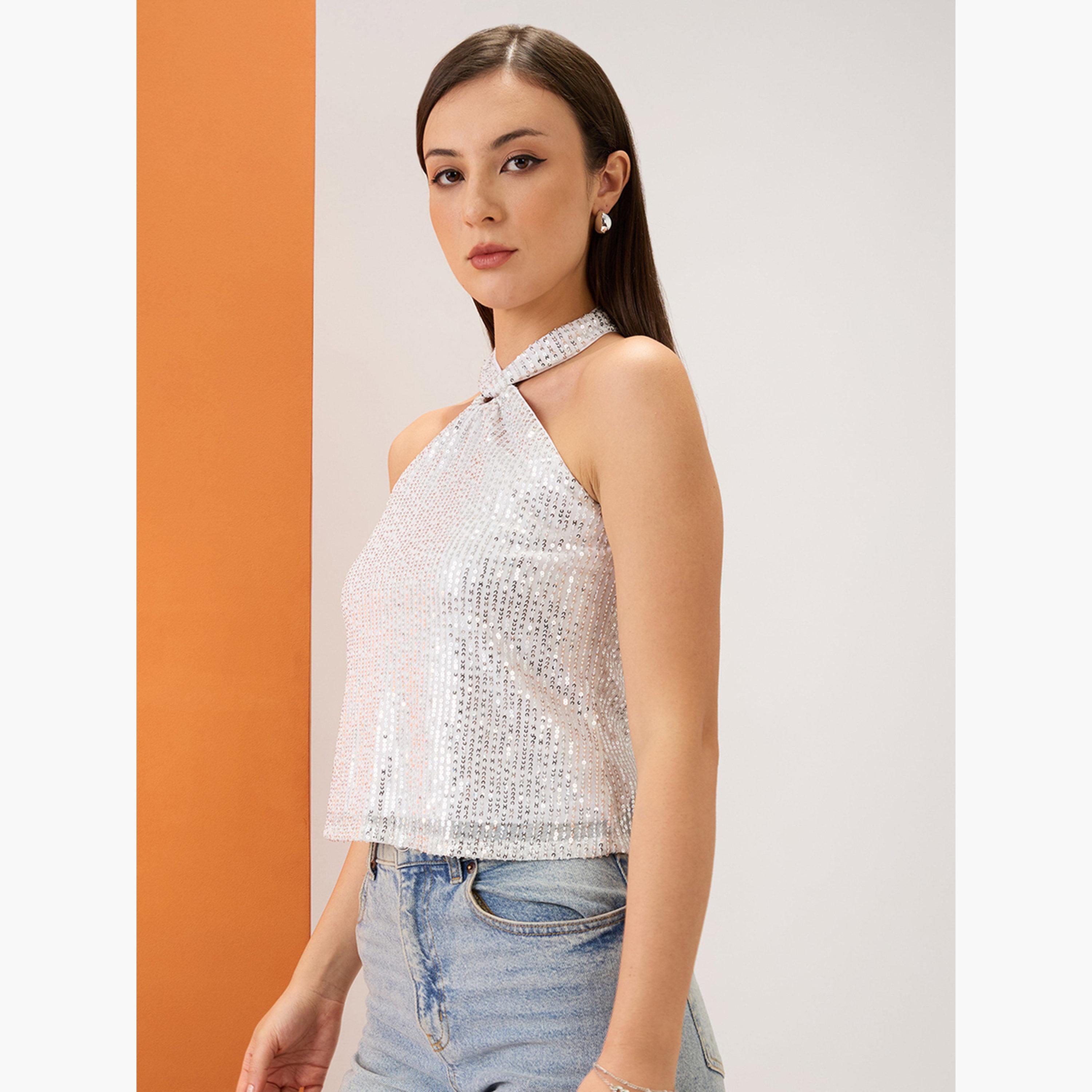 غلوبوص × ستايلي - بلوزة نسائية بيضاء مزينة بالترتر ياقة تعليق-women-clothing-shirtsandblouses-blouses-image-3