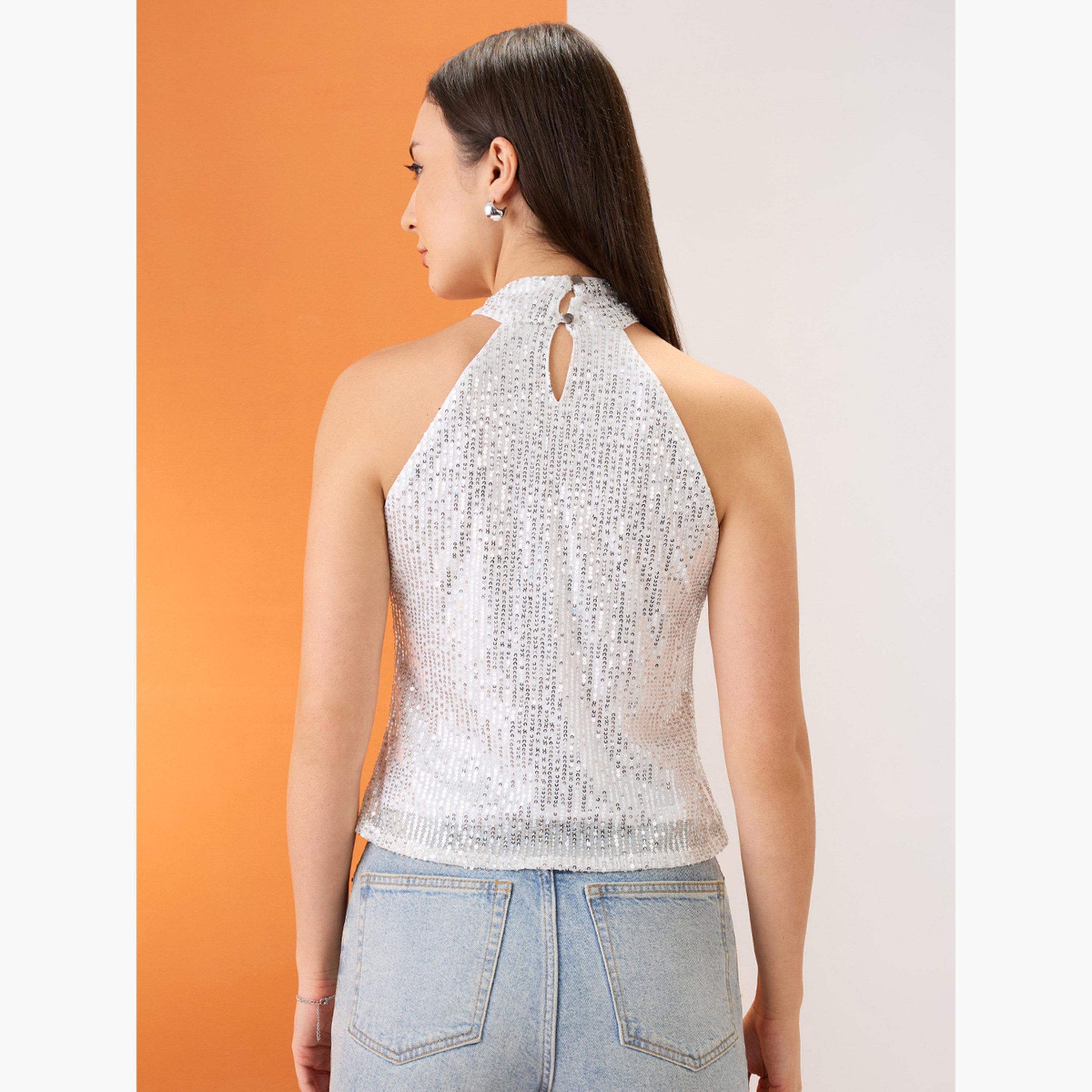 Globus X Styli Women White Halter Neck Sequined Top-women-clothing-shirtsandblouses-blouses-image-5