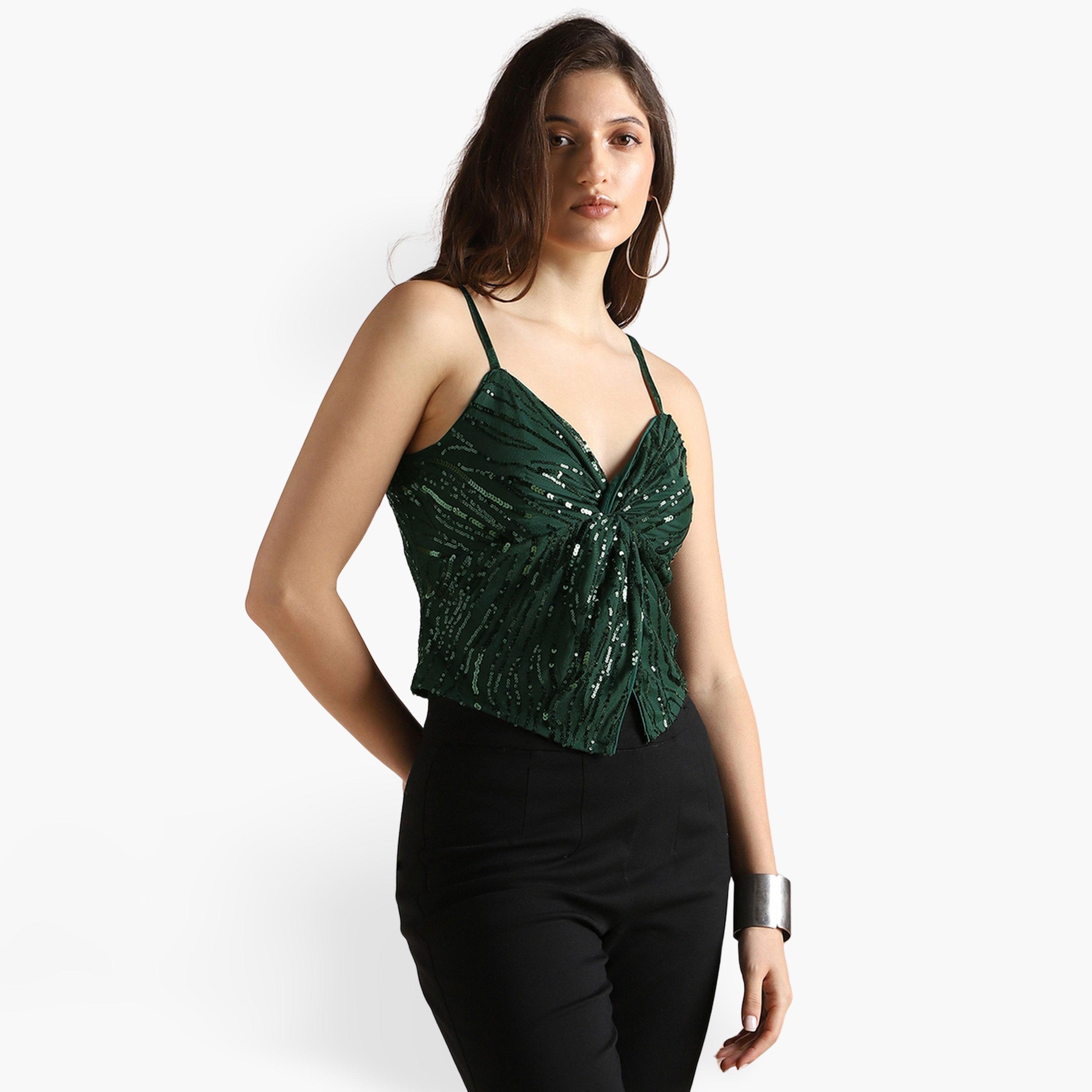 غلوبوص × ستايلي - بلوزة نسائية قصيرة خضراء برقبة على شكل قلب وحمالات-women-clothing-shirtsandblouses-blouses-image-1