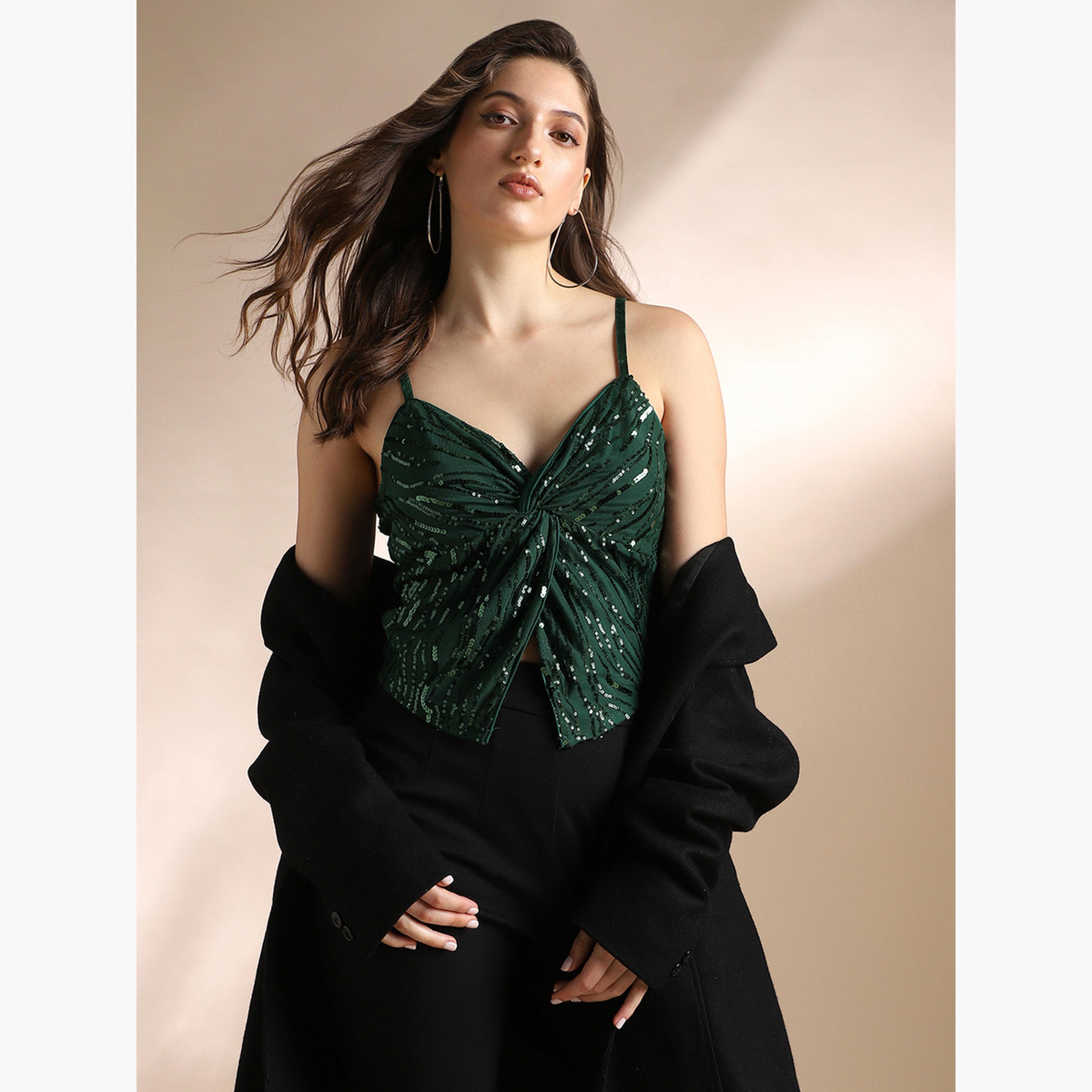 غلوبوص × ستايلي - بلوزة نسائية قصيرة خضراء برقبة على شكل قلب وحمالات-women-clothing-shirtsandblouses-blouses-image-3